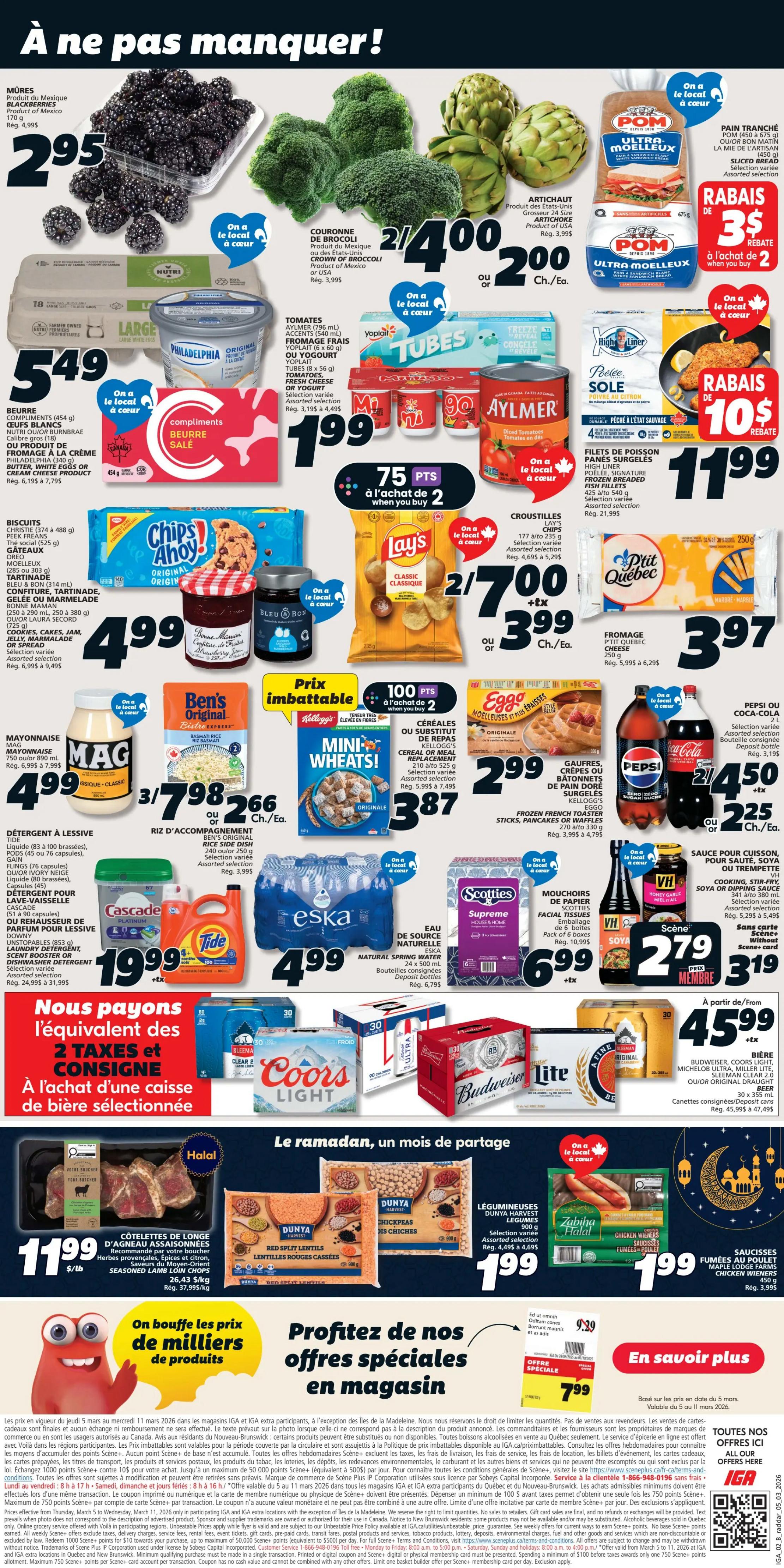 IGA Weekly Flyer Specials, Page 2. Featured items include blackberries for $2.95, broccoli crowns for 2 for $4.00, and artichokes for $2.00 each. Large eggs are $5.49. Compliments butter or cream cheese product is $1.99. Aylmer tomato products are $1.99. Philadelphia cream cheese is $3.97. Lay's chips are 2 for $7.00 or $3.99 each. Ben's Original Bistro Express rice side dish is 3 for $7.98 or $2.66 each. Kellogg's Mini-Wheats cereal is $3.87. Mag mayonnaise is $4.99. Eggo frozen French toaster sticks, pancakes or waffles are $2.99. Pepsi or Coca-Cola 2-litre bottles are 2 for $4.50 or $2.25 each. Tide or Cascade laundry detergent is $19.99. Eska natural spring water is $4.99. Scotties facial tissues are $6.99. VH sauces are $2.79 or $3.19. Featured are also Cotelettes de longe d'agneau assaisonnées (lamb loin chops) for $11.99/lb, Dunya lentils for $1.99, and Zabihah Halal chicken wiener or maple leaf sausages for $3.99. Beer specials include Coors Light, Michelob Ultra, Miller Lite, Budweiser, or Sleeman for $45.99 for a 24-pack or 30-pack cans. A special offer for selected beer purchases includes the equivalent of 2 taxes and deposits back. The bottom section highlights 'Profit from our in-store specials' with a special offers.