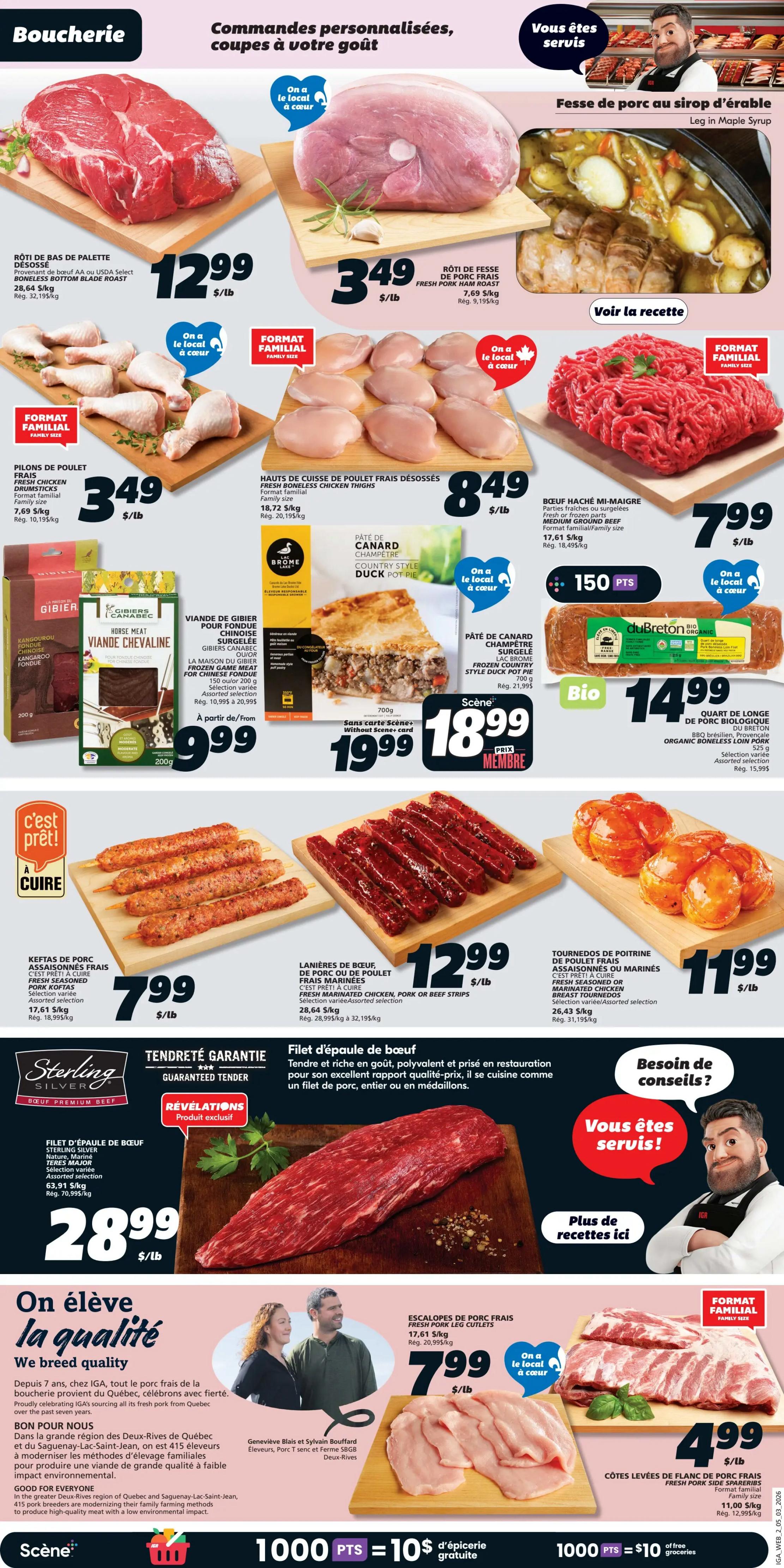 IGA Weekly Flyer Specials Page 4 features a variety of fresh meat products. Top row includes: Bottom Blade Roast at $12.99/lb, Fresh Pork Ham Roast at $3.49/lb, and Leg in Maple Syrup. Middle row showcases: Fresh Chicken Drumsticks at $3.49/lb, Fresh Boneless Chicken Thighs at $8.49/lb, Ground Beef at $7.99/lb, and a Country Style Duck Pot Pie for $18.99 (member price without Scene+ card). Also featured is Gibiers Canabec Horse Meat for $9.99 and Organic Boneless Pork Loin Ribs at $14.99. Bottom row displays: Fresh Seasoned Pork Koftas at $7.99/lb, Fresh Marinated Chicken, Pork or Beef Strips at $12.99/lb, and Fresh Seasoned or Marinated Breast Tournedos at $11.99/lb. The bottom section highlights Sterling Silver Premium Beef, with a Beef Shoulder Clod Roast at $28.99/lb and Fresh Pork Leg Cutlets at $7.99/lb. Additionally, there are Fresh Pork Side Spareribs at $4.99/lb. The flyer emphasizes 'We breed quality' with a section about IGA's commitment to local Quebec pork farmers. Scene+ members can earn 1000 points for $10 of free groceries.