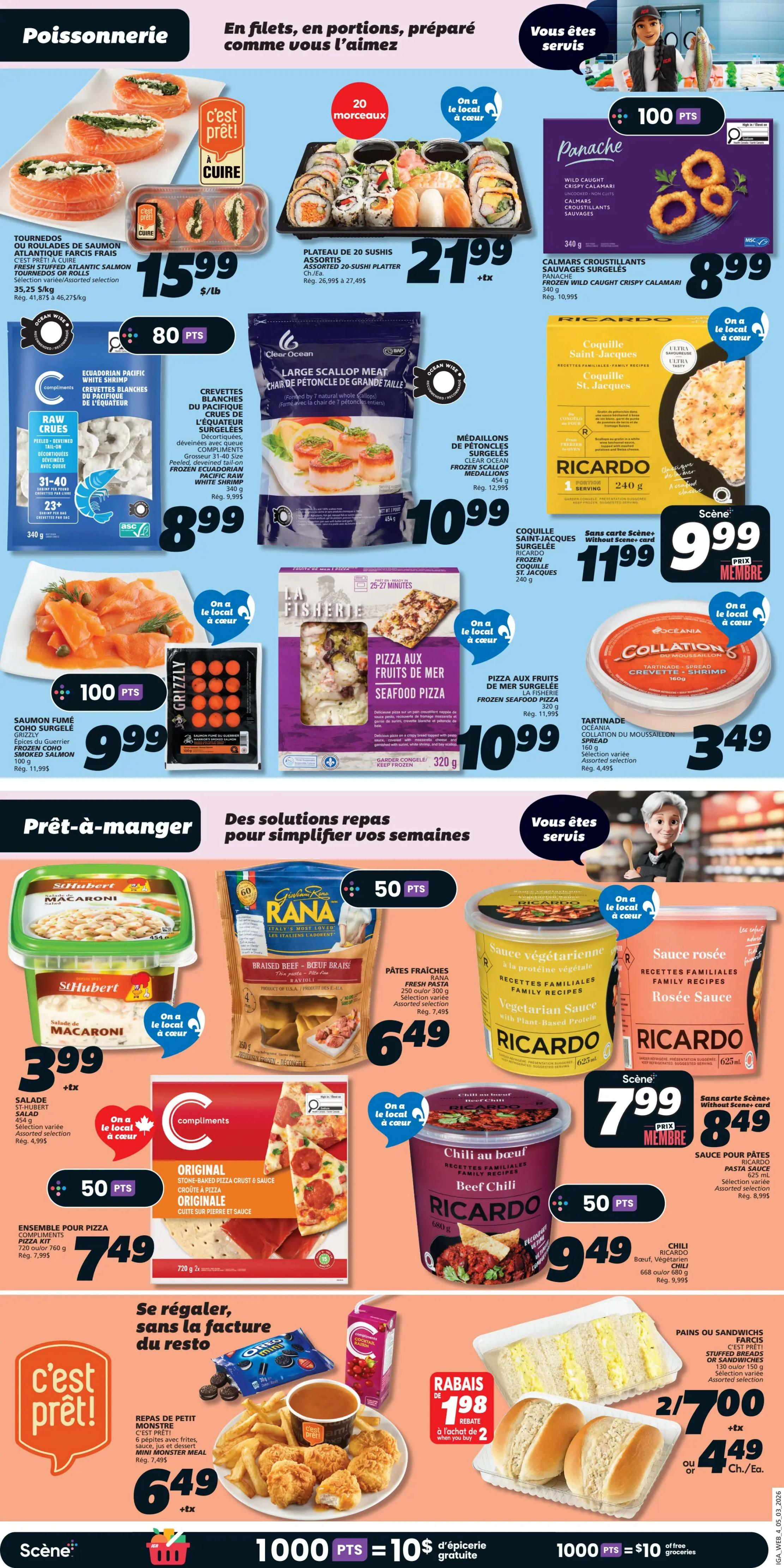 IGA Weekly Flyer Specials Page 6 features a seafood and ready-to-eat section. Top row showcases Tournedos or Atlantic Salmon fillets for $15.99/lb, Assorted 20-piece Sushi Platters for $21.99, and Panache Wild Caught Crispy Calamari for $8.99. Below, find Raw Ecuadorian Pacific White Shrimp for $8.99, Large Scallop Meat for $10.99, and Ricardo Coquille St-Jacques (Scallops) for $11.99. Also featured is Grizzly Smoked Salmon for $9.99 and La Fisherie Seafood Pizza for $10.99. The 'Ready-to-Eat' section includes St-Hubert Macaroni Salad for $3.99, Rana Fresh Pasta for $6.49, Compliments Original Pizza Kit for $7.49, Ricardo Vegetarian Sauce for $7.99 (or $8.49 for members), Ricardo Rosé Sauce for $7.99 (or $8.49 for members), and Ricardo Beef Chili for $9.49. A 'Monster Meal' with chicken nuggets, fries, and sauce is $6.49. Finally, stuffed sandwiches are 2 for $7.00 or $4.49 each.49 each. The flyer also highlights 1000 IGA points for $10 of free groceries.