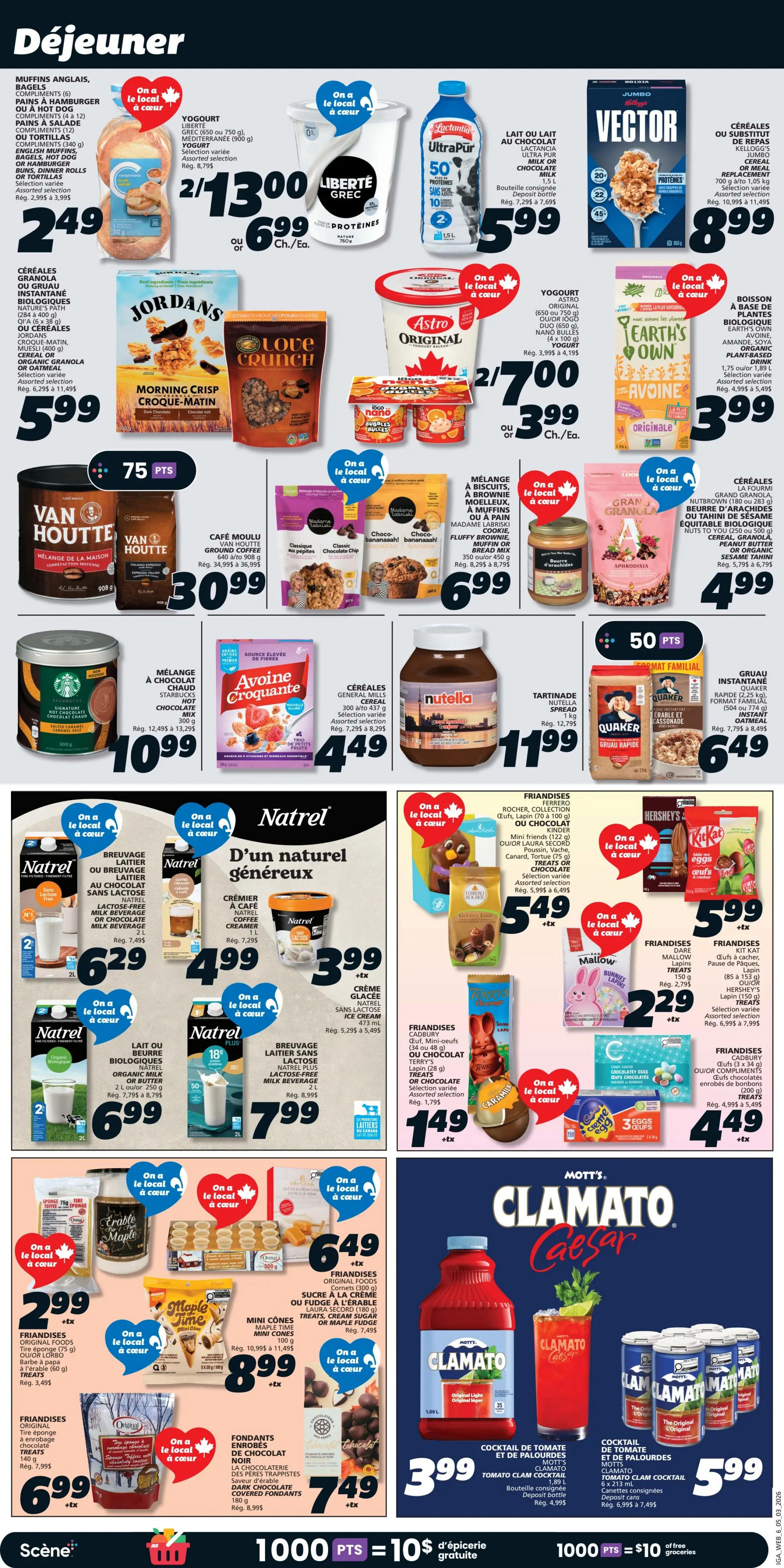 IGA Weekly Flyer Specials, Page 8. Breakfast section features English muffins, bagels, hamburger buns, or hot dog buns for $2.49. Jordan's Morning Crisp Croque-Matin cereal is $5.99. Van Houtte ground coffee (908 g) is $10.99. Natrel lactose-free milk or chocolate milk beverage (2 L) is $6.29. Natrel organic milk or butter (2 L) is $6.99. Natrel lactose-free milk beverage (2 L) is $7.99. Natrel coffee creamer is $4.99. Natrel lactose-free ice cream is $5.29. Lactantia UltraPur yogurt (750 g) is $6.99. Astro Original yogurt (650 g or 4 x 100 g) is 2 for $7.00 or $3.99 each. Love Crunch granola is $5.99. Madame Labriski muffins or cookie mix (350 g or 450 g) are $6.99. Quaker Instant Oatmeal is $6.49. Nutella spread (1 kg) is $11.99. General Mills cereal (300 g) is $4.49. Earth's Own plant-based drink (1.75 L) is $3.99. Grand granola or tahini cereal is $4.99. Hershey's chocolate eggs or Kit Kat mini eggs are $5.99. Cadbury chocolate mini eggs are $4.49. Mallow mini bunnies are $2.29. Ferrero Rocher, Kinder, or Terry's chocolate treats are $5.49. Original Foods chocolate or caramel treats are $6.49. Maple Time mini cones are $8.99. Original Foods chocolate or caramel treats are $6.99. Dark Chocolate Confectionery Fondants are $7.49. Mott's Clamato Caesar cocktail (1.89 L) is $3.99. Mott's Clamato cocktail (6 x 213 mL) is $5.99. This page also highlights 1000 points equals $10 in free groceries.
