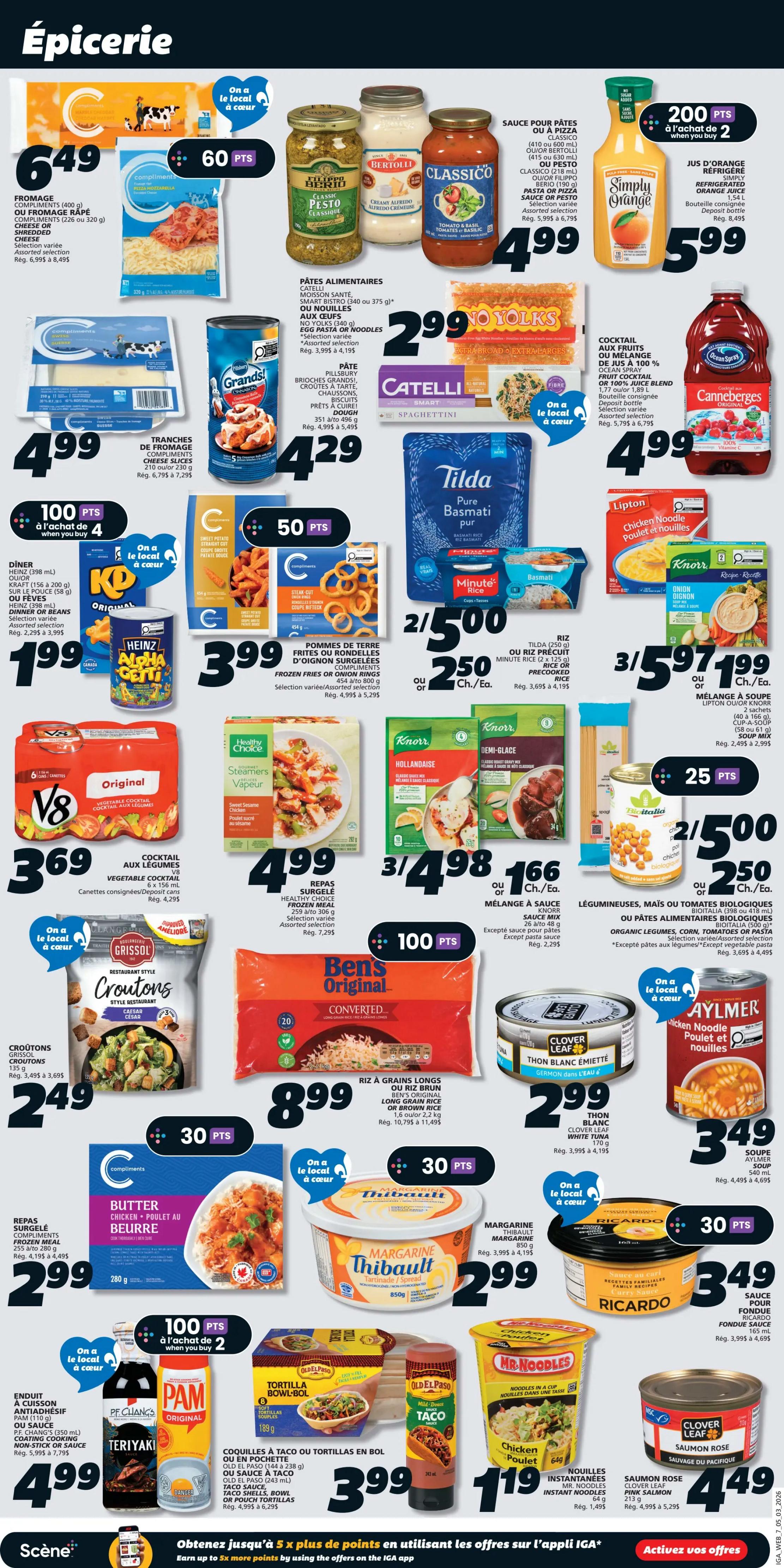 IGA Weekly Flyer Specials Page 9 features a variety of grocery items. Highlights include Compliments shredded or sliced cheese for $6.49, Compliments mozzarella cheese for $4.99, and Grissol croutons for $2.49. Pasta options include Catelli pasta for $2.99, and Pillsbury pasta, brioche, croissants, or donuts for $4.29. Sauces for pasta are Classico or Bertolli for $4.99. Simply Orange juice is $5.99. Tilda Pure Basmati rice and Minute Rice are on sale for 2 for $5.00 or $2.50 each. Knorr sauces are 3 for $5.97 or $1.99 each. Healthy Choice frozen meals are $4.99. Ben's Original Long Grain Rice is $8.99. Ocean Spray Cranberry juice is $4.99. Clover Leaf white tuna is $2.99. Aylmer soup is $3.49. Compliments butter chicken or butter for $2.99. Thibault margarine is $2.99. Ricardo sauce for fondue is $3.49. Old El Paso tortilla bowls or taco kits are $3.99. Pam cooking spray is $4.99. Mr. Noodles instant noodles are $1.19. Clover Leaf salmon rose is $4.49.49.49. Also featured are Compliments frozen fries or onion rings for $3.99, and Compliments butter chicken or poultry for $2.99.