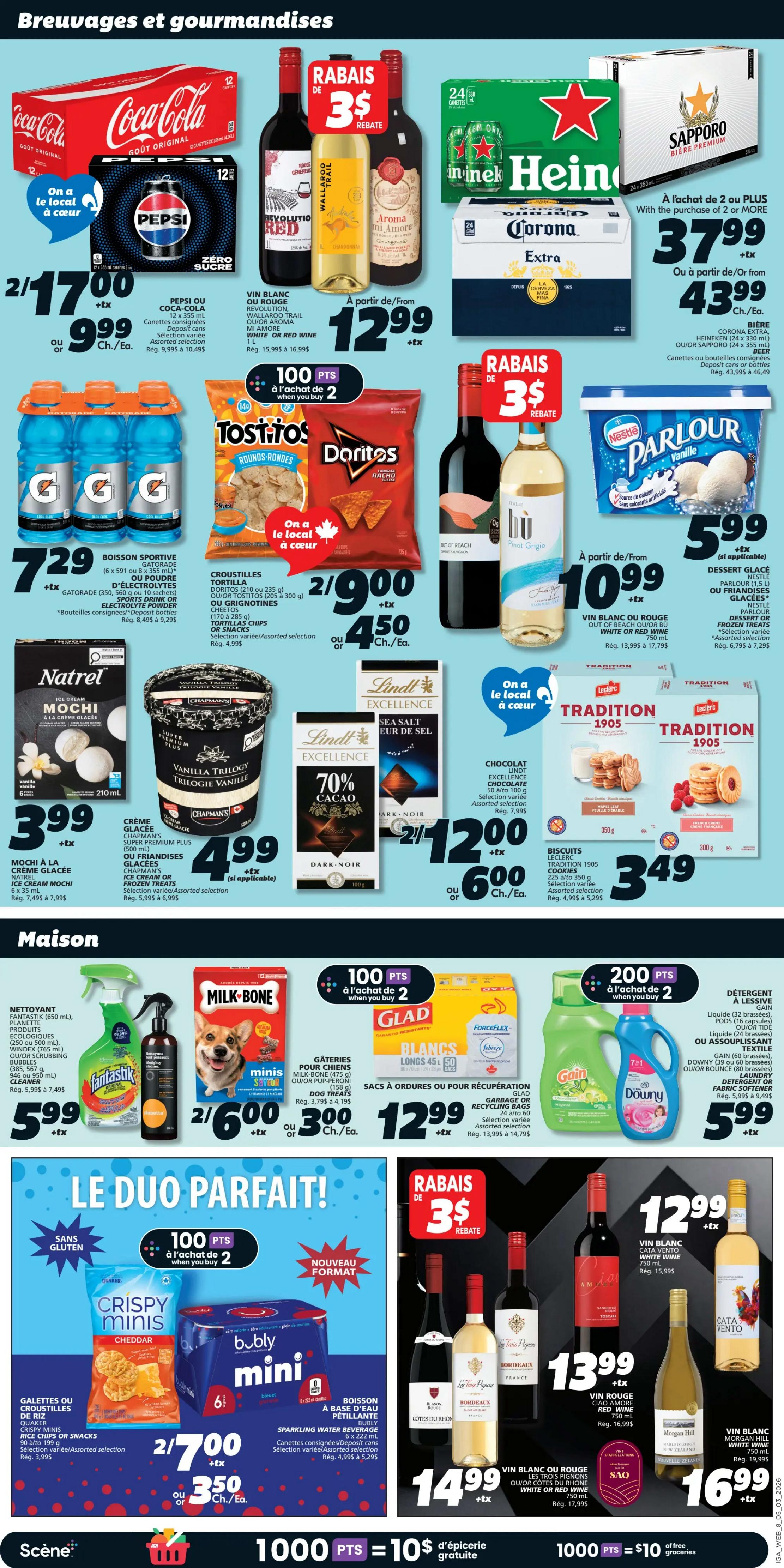 IGA Weekly Flyer Specials Page 10 features beverages and snacks with various promotions. On the top section, find Coca-Cola Original Taste 12-pack cans for $17.00 for 2, or $9.99 each, and Pepsi or Coca-Cola Zero Sugar 12-pack cans for $9.99 each. Also available are Gatorade 6x 591 ml bottles or electrolyte powder for $7.29. Featured snacks include Tostitos Rounds or Doritos chips for $2/9.00, or $4.50 each. Beverages on sale include Wallaroo Trail, Revolution Red, or Aroma mi Amore wines starting at $12.99. Heineken, Corona, or Sapporo beer 24-packs are $37.99 when purchasing 2 or more, or $43.99 each. Nestle Parlour ice cream is $5.99. Lindt Excellence chocolate bars (70% cacao or sea salt) are 2 for $12.00, or $6.00 each. Leclerc Tradition 1905 cookies are $3.49. The 'Maison' section highlights Fantastik cleaner for $5.99, Milk-Bone dog treats for 2 for $6.00 or $3.00 each. Glad long-lasting white trash bags are $12.99, and Gain laundry detergent or Downy fabric softener are $5.99. In the 'Le Duo Parfait!' section, Crispy Minis gluten-free snacks are 2 for $7.00 or $3.50 each, and Bubly sparkling water is also 2 for $7.00 or $3.50 each. Wine specials include various red and white wines starting at $13.99, with a special offer on Sao wine for $16.99. Earn 100 points for every $2 spent on select items.