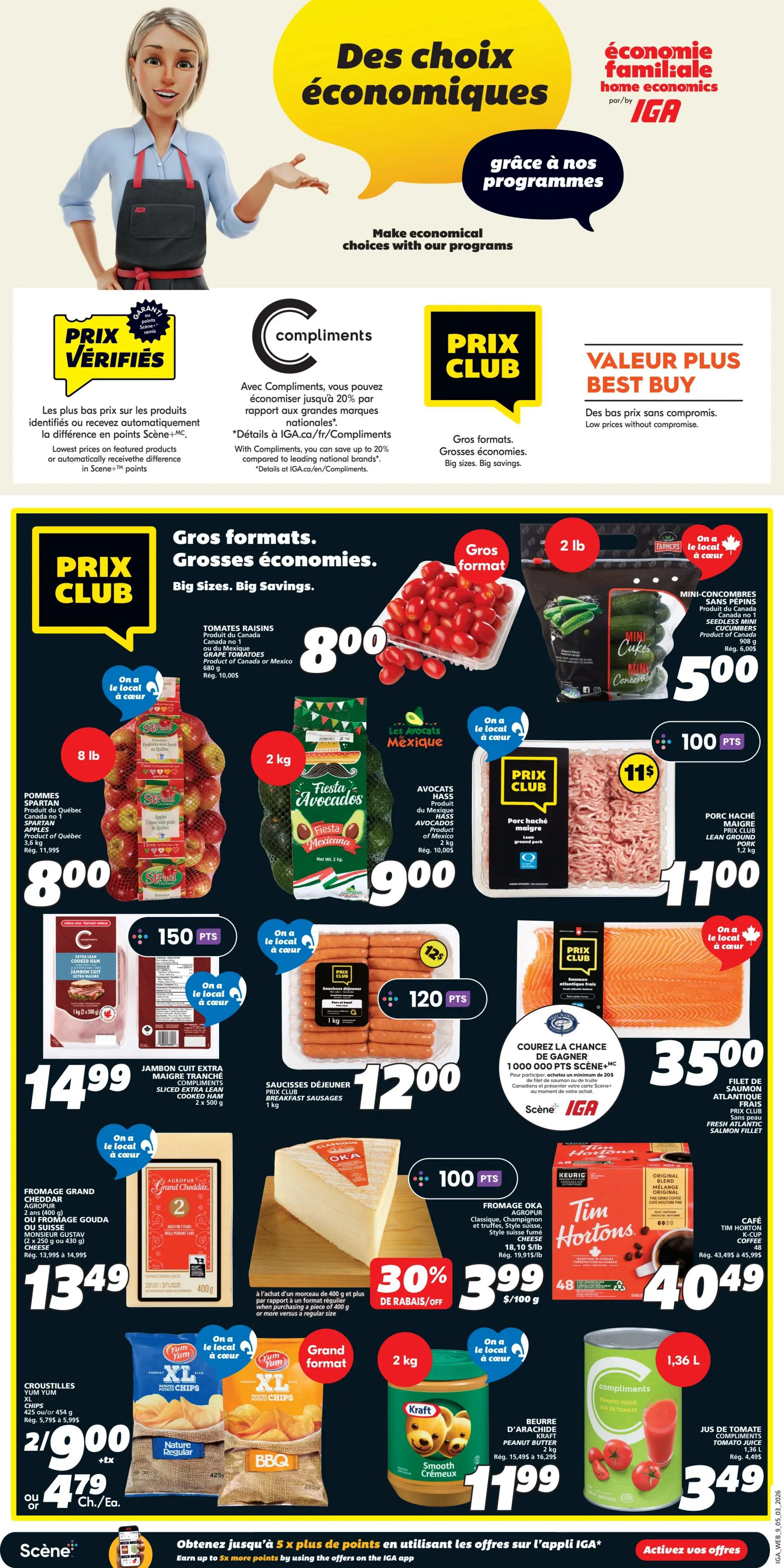 IGA Weekly Flyer Specials, Page 11. Featuring 'Big Sizes. Big Savings.' promotions. Products include: 680g Canada or Mexico grown Grape Tomatoes for $8.00, 2 lb Mini Cucumbers for $5.00, 8 lb Spartan Apples from Quebec for $8.00, 2 kg Fiesta Mexicana Avocados from Mexico for $9.00, 1.2 kg Pâté Maigre Pork (lean ground pork) for $11.00, 2 x 500g Compliments Sliced Extra Lean Cooked Ham for $14.99, 1 kg Compliments Breakfast Sausages for $12.00, Fresh Atlantic Salmon Fillet for $35.00, 400g Agropur Grand Cheddar or Gouda Cheese for $13.49, Oka cheese for $3.99 with 30% off regular price, 2 x 425g or 454g Yum Yum XL Chips (Nature Regular or BBQ) for $4.79, 2 kg Kraft Peanut Butter for $11.99, and 1.36 L Compliments Tomato Juice for $3.49. Also features Tim Hortons K-Cup Coffee for $40.49. Offers include 'Prix Club' and 'Compliments' programs. Earn up to 5x Scene+ points with offers on the IGA app.