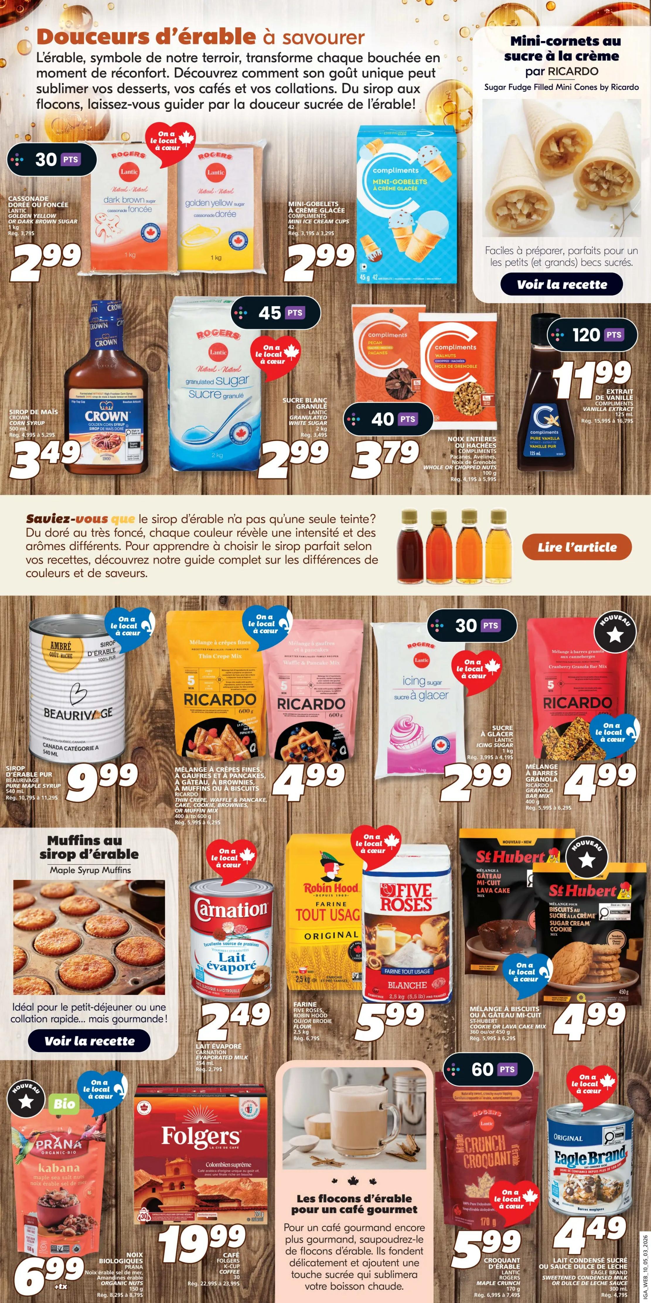 IGA Weekly Flyer Specials Page 12 features a variety of baking and dessert ingredients. Top row includes Rogers Lantic dark brown and golden yellow sugar for $2.99 each, and Compliments mini ice cream cups for $2.99. Also featured are Ricardo mini cones with sugar filling for $2.99. The second row showcases Crown maple syrup for $3.49, Rogers Lantic granulated sugar for $2.99, and Compliments pecans and walnuts for $3.79. Compliments vanilla extract is priced at $11.99. The middle section highlights a guide to maple syrup with different colours and flavours. The third row displays Beaurivage pure maple syrup for $9.99, Ricardo thin crepe mix and waffle & pancake mix for $4.99 each, and Lantic icing sugar for $2.99. A new item, Ricardo Cranberry Granola Bar Mix, is also $4.99. The bottom row features Carnation evaporated milk for $2.49, Robin Hood and Five Roses all-purpose flour for $5.99. St Hubert lava cake mix and sugar cream cookie mix are $4.99 each. Further down, Prana Organic Kabana maple nuts are $6.99. Folgers Colombian Supreme coffee is $19.99. Lantic Crunch Croquant maple crunch is $5.99. Finally, Eagle Brand sweetened condensed milk is $4.49.