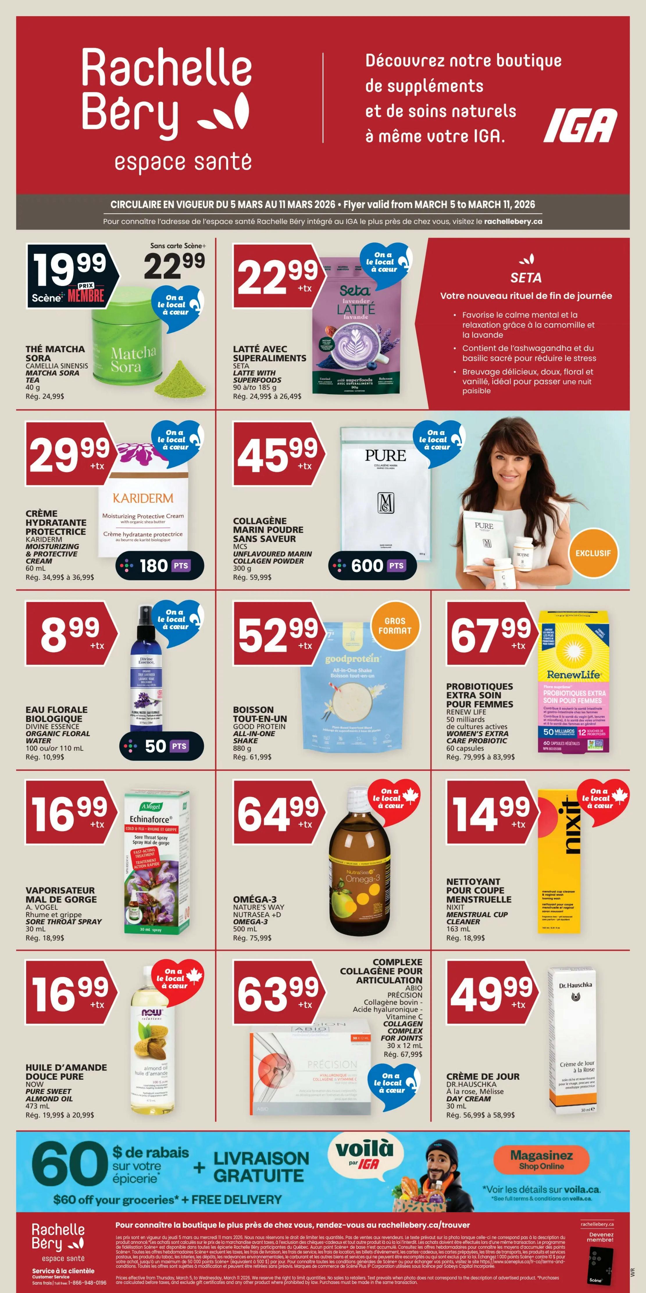 Rachelle Bery Espace Santé IGA flyer page 15 featuring health and wellness products. Deals include Matcha Sora tea for $19.99, Seta Lavender Latte with Superfoods for $22.99, Kariderm Moisturizing Protective Cream for $29.99, Pure Unflavoured Marine Collagen Powder for $45.99, Divine Essence Organic Floral Water for $8.99, Good Protein All-in-One Shake for $52.99, RenewLife Extra Strength Probiotics for Women for $67.99, A. Vogel Sore Throat Spray for $16.99, Nutrasea Omega-3 for $64.99, Nixit Menstrual Cup Cleaner for $14.99, Now Pure Sweet Almond Oil for $16.99, Abio Precision Collagen Complex for Joints for $63.99, and Dr. Hauschka Rose Day Cream for $49.99. Also features a $60 off your groceries offer with free delivery.