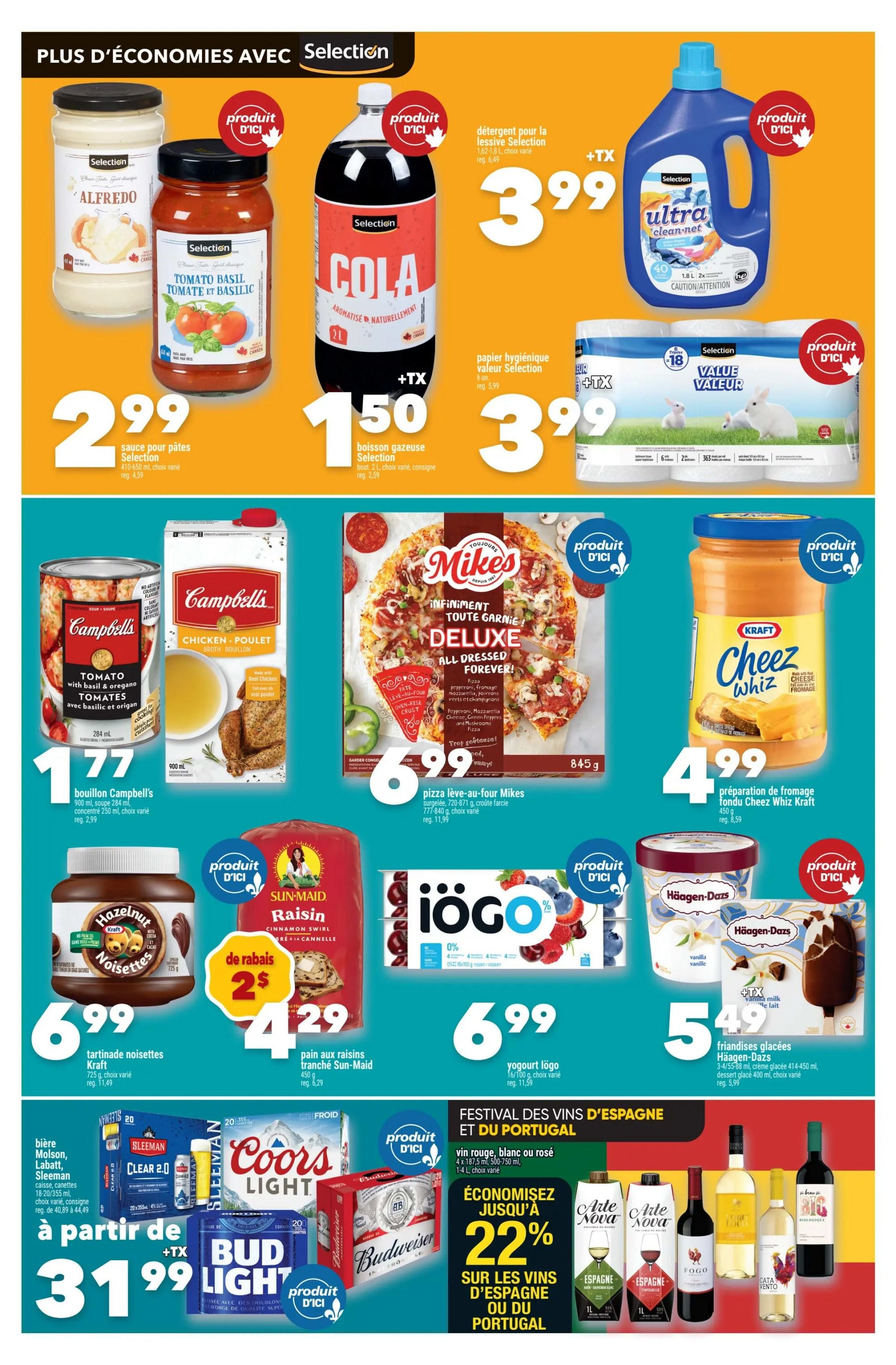 Marché Ami weekly flyer specials page 2. Featuring Selection pasta sauce for $2.99, Selection tomato basil sauce for $2.99, Selection cola beverage 2L for $1.50, Selection laundry detergent 1.87-1.8L for $3.99, and Selection value toilet paper 18 rolls for $3.99. Also shown are Campbell's tomato soup 298ml for $1.77, Campbell's chicken broth 900ml for $1.77, Mikes Deluxe all-dressed pizza 777-840g for $6.99, and Kraft Cheez Whiz spread 450g for $4.99. Additional offers include Kraft Hazelnut spread 725g for $6.99, Sun-Maid raisin bread 450g on sale for $2 off, now $4.29, iögo yogurt 16/100g for $6.99, and Häagen-Dazs ice cream bars 3-4 pack for $5.49. Bottom section highlights beer specials starting at $31.99 for Sleeman, Labatt, or Molson 24 cans, plus Bud Light 20 cans. Also featured is a festival of Spanish and Portuguese wines with savings up to 22% on red, white, or rosé wines 500ml-750ml.