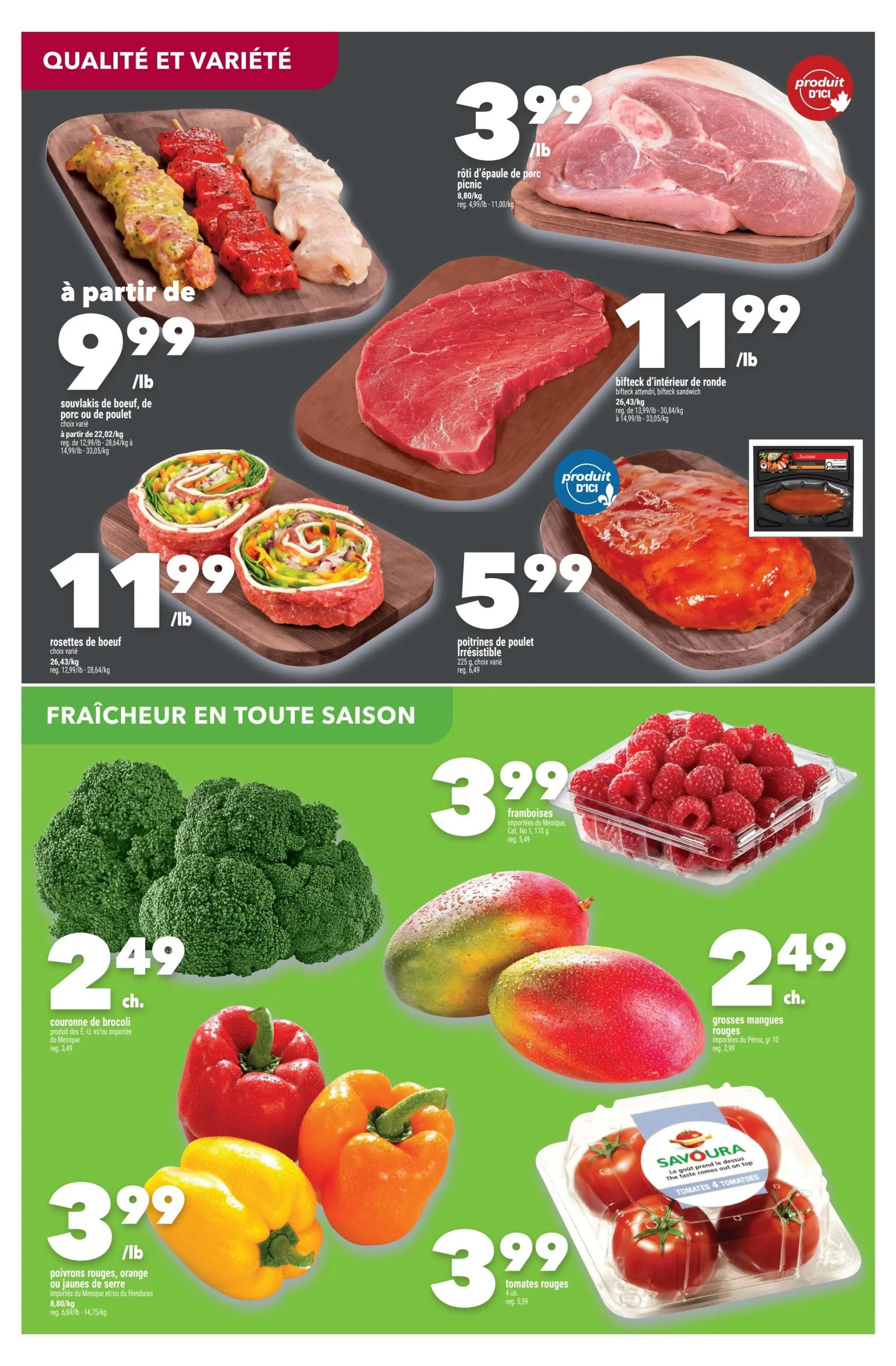 Marché Ami weekly flyer specials page 3 features a 'Quality and Variety' section with various meat products. Pork picnic shoulder roast is $3.99/lb. Beef sirloin tip steak is $11.99/lb. Marinated beef or chicken skewers start at $9.99/lb. Beef rosettes are $11.99/lb. Irresistible chicken breasts are $5.99. The 'Freshness All Season Long' section includes broccoli crowns for $2.49 each, imported red or yellow bell peppers from Mexico and/or Honduras for $3.99/lb, imported red mangoes from Peru for $2.49 each, raspberries imported from Mexico for $3.99, and Savoura tomatoes for $3.99 for a 4-pack.