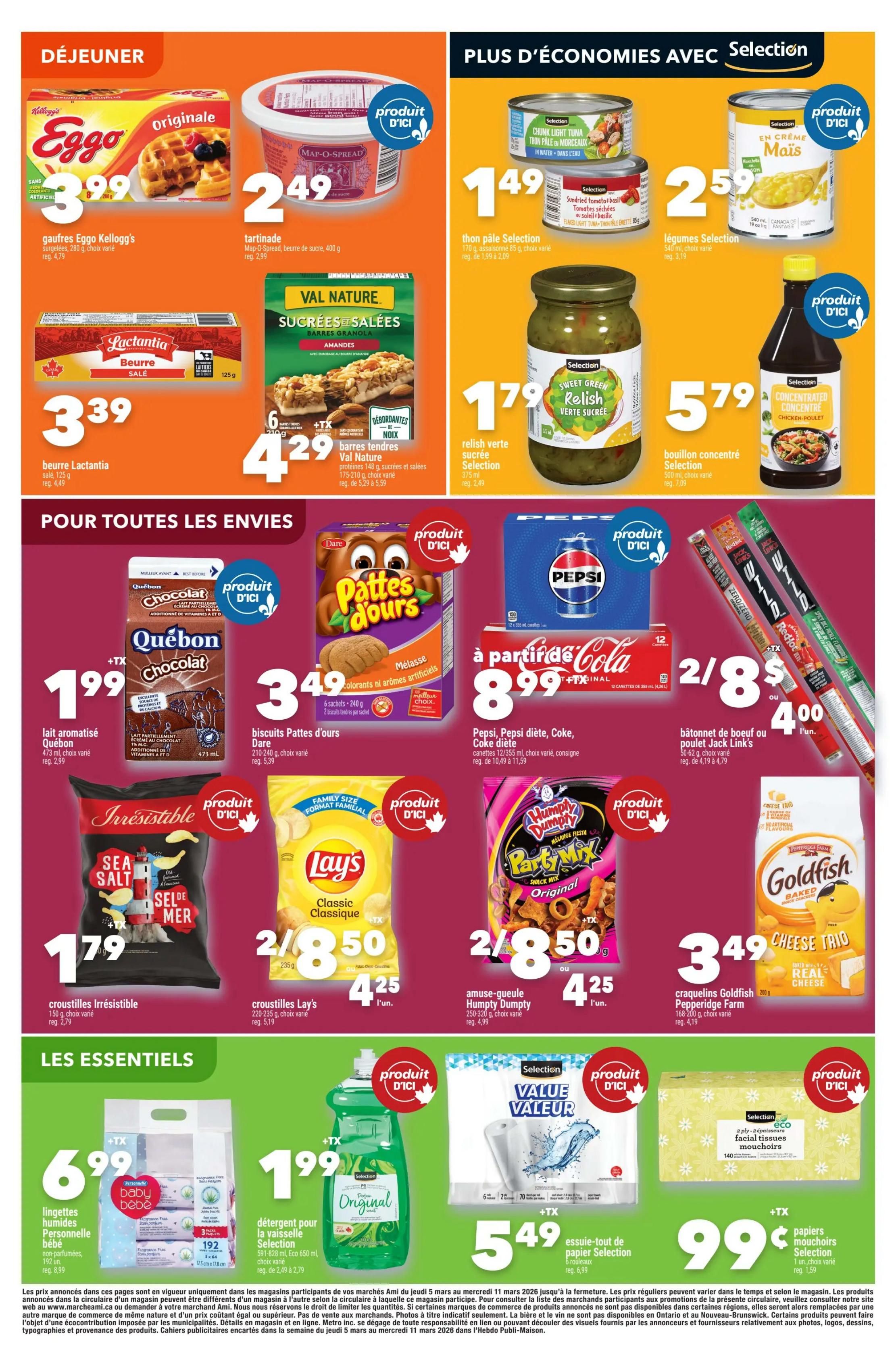 Marché Ami weekly flyer specials, page 5. Breakfast deals include Eggo waffles for $3.99, Lactantia salted butter for $3.39, and Map-O-Spread for $2.49. Plus, enjoy Val Nature granola bars for $4.29. For more savings, find Selection chunk light tuna for $1.49, Selection corn for $2.59, Selection sweet green relish for $1.79, and Selection concentrated chicken-poultry broth for $5.79. Snack time features Quebec chocolate milk for $1.99, Dare Patte d'ours cookies for $3.49, Irresistible sea salt chips for $1.79, Lay's Classic chips for 2 for $8.50, Humpty Dumpty Party Mix for $4.25, and Pepperidge Farm Goldfish crackers for $3.49. Beverage deals include Pepsi, Diet Pepsi, Coke, and Diet Coke 12-packs for $8.99, and Jack Link's beef or chicken sticks for 2 for $8 or $4.00 each. Essential items include Selection baby wipes for $6.99, Selection original dish detergent for $1.99, Selection paper towels for $5.49, and Selection facial tissues for $0.99.
