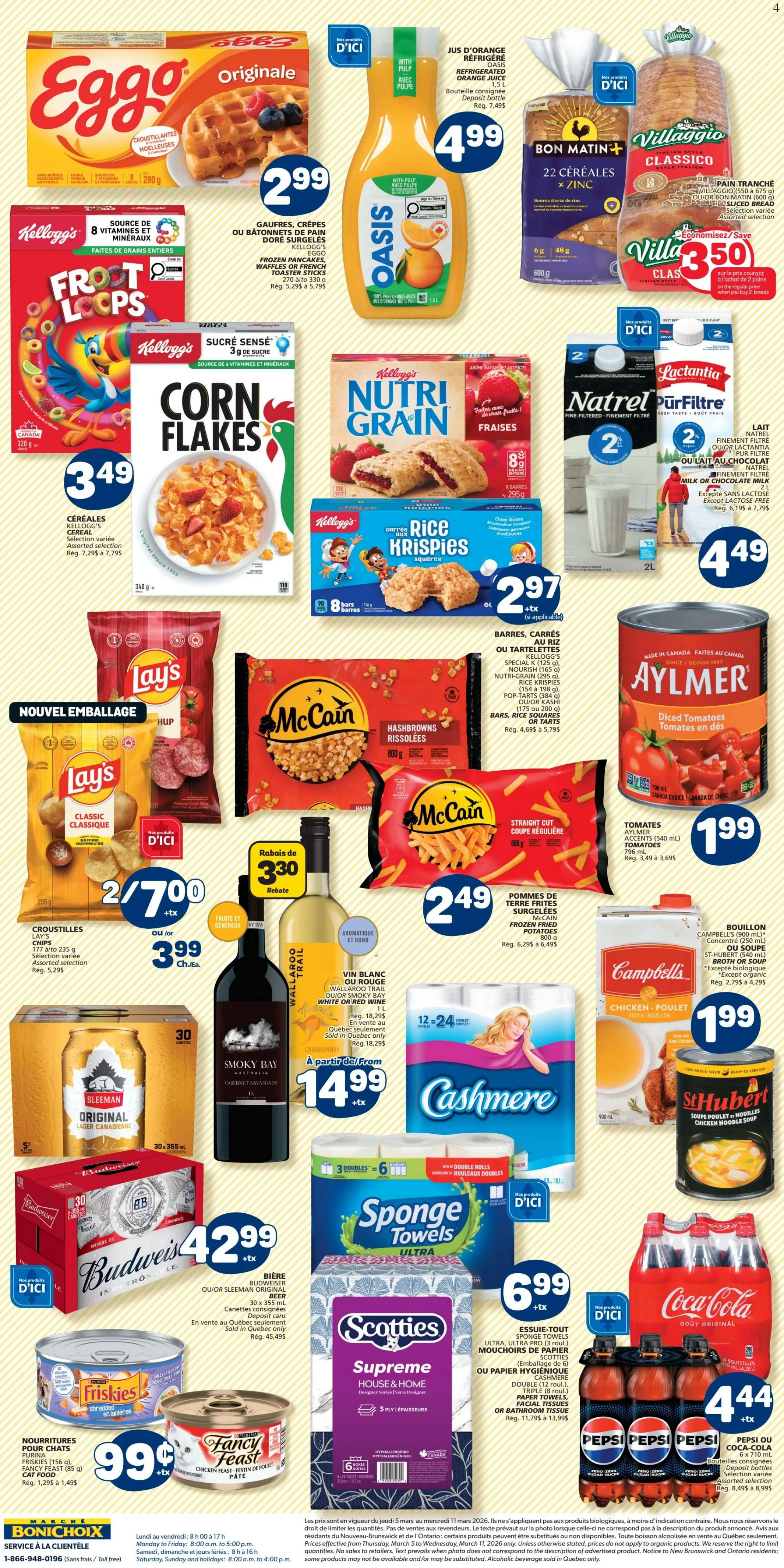 Marché Bonichoix weekly flyer specials page 2. Features Eggo Original Waffles for $2.99, Oasis Refrigerated Orange Juice for $4.99, and Bon Matin + 22 Cereals with Zinc for $2.99. Also on sale are Villaggio Classico Bread for $3.50, Kellogg's Froot Loops Cereal for $3.49, Kellogg's Corn Flakes Cereal for $3.49, Kellogg's Nutri Grain Bars (Frais) for $2.97, and Kellogg's Rice Krispies Squares for $2.97. Lay's Classic Chips are 2 for $7.00 or $3.99 each. McCain Hashbrowns Rissolées are $2.49 and McCain Straight Cut Frozen French Fries are $2.49. Smoky Bay Chardonnay or White or Red Wine is $14.99. Aylmer Diced Tomatoes are $1.99. Campbell's Broth or Soup is $1.99. St-Hubert Chicken Noodle Soup is $1.99. Sleeman Original Lager is $42.99 for a 24 x 355 mL case. Cashmere Double Rolls Toilet Paper (12-24 rolls) is $14.99. Sponge Towels Ultra are $6.99. Scotties Supreme House & Home Facial Tissues or Bathroom Tissue are $6.99. Friskies Cat Food Pouches are $0.99. Fancy Feast Pâté Cat Food is $0.99. Coca-Cola or Pepsi 6-pack bottles are $4.44.