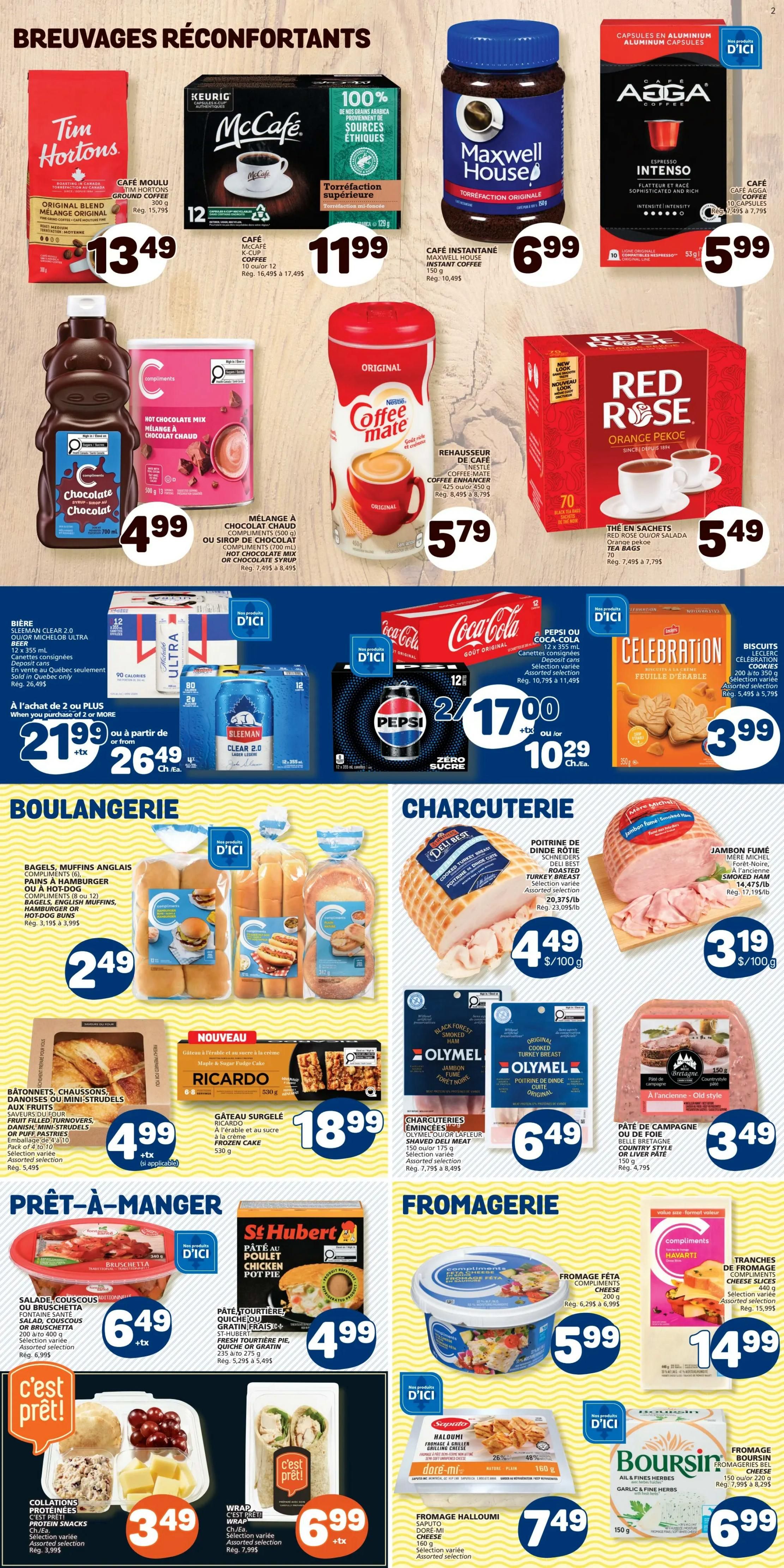 Marché Bonichoix weekly flyer specials, page 3. Featuring 'Comforting Beverages' including Tim Hortons Original Blend ground coffee for $13.49, McCafe Superior Roast K-Cup coffee for $11.99, Maxwell House Instant Coffee for $6.99, and Agfa Coffee Espresso Intenso K-Cups for $5.99. Also available are Chocolate Sensations chocolate syrup for $4.99, Coffee Mate Original coffee enhancer for $5.79, and Red Rose Orange Pekoe tea bags for $5.49. Drink specials include Bleue Ultra Clear 2.0 beer, 12 x 355 mL, for $21.99 when purchasing 2 or more, or $26.49 each. Coca-Cola or Pepsi products, 12 x 355 mL cans, are 2 for $17.00, or $10.29 each. Celebration Maple & Sugar cookies are $3.99. In the 'Bakery' section, find English muffins, bagels, hamburger buns, or hot dog buns for $2.49. Ricardo frozen cake is $18.99. 'Ready-to-Eat' items include Saveurs du Jour fruit turnovers, Danish mini-strudels, or puff pastries for $4.99. St Hubert chicken pot pie or quiche is $4.99. Protein snacks or ready-to-eat platters are $3.49. Wraps are $6.99. 'Deli' section offers Deli Best Cooked Turkey Breast for $4.49/100g and Smoked Ham for $3.19/100g. Olymel sliced ham or turkey breast is $6.49. Country style pâté or liver pâté is $3.49. 'Cheese' section includes Compliments Feta cheese for $5.99, Saputo Dore-Mi cheese slices for $7.49, and Boursin Garlic & Fine Herbs cheese for $6.99.
