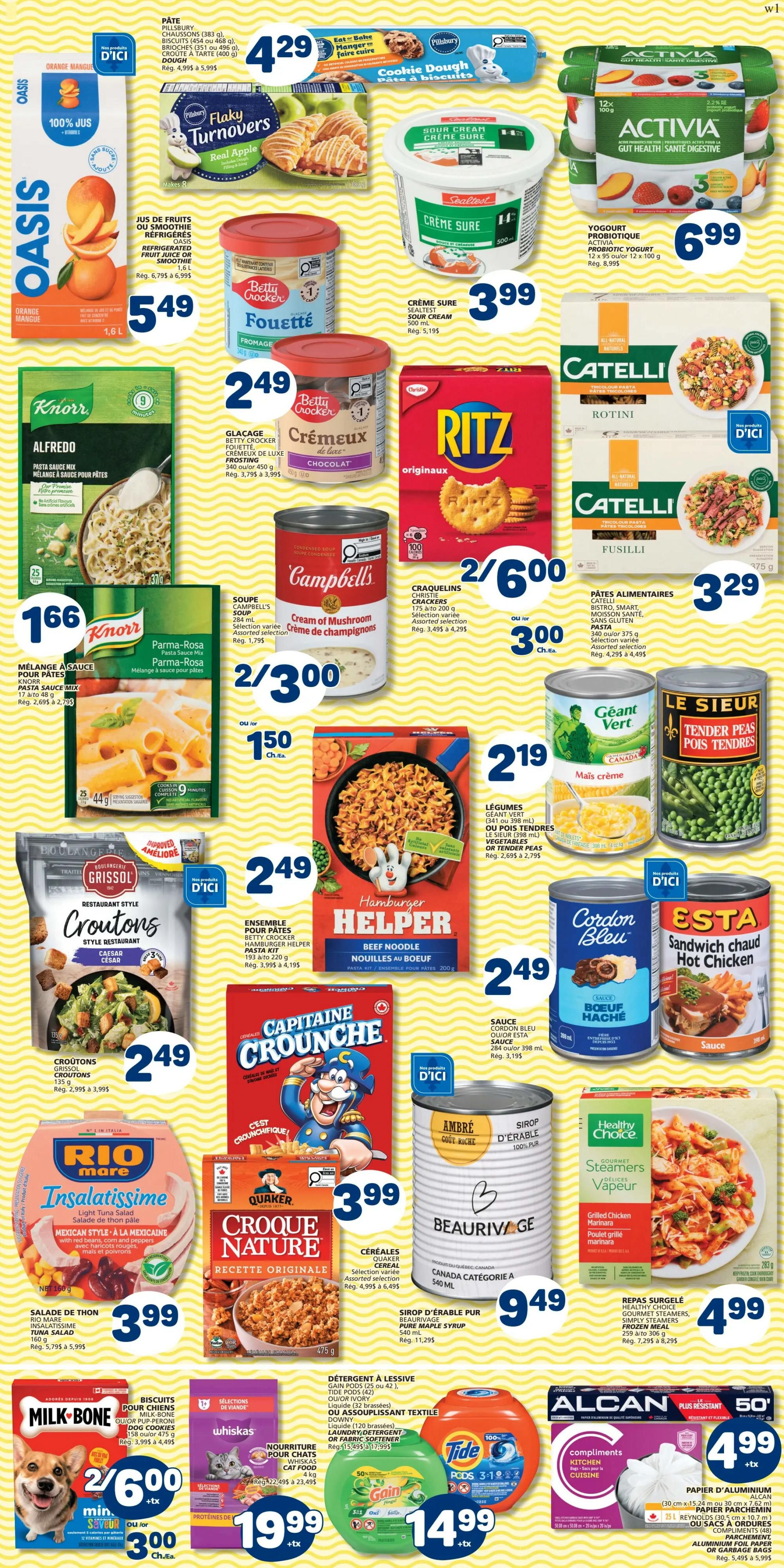 Marché Bonichoix flyer page 5 features a variety of grocery items. Highlights include Oasis 100% Juice for $5.49, Pillsbury Flaky Turnovers for $4.29, and Sealtest Sour Cream for $3.99. Betty Crocker Frosting is available for $2.49, and Ritz Crackers are on sale for 2 for $6.00. Knorr Pasta Sauce Mixes are priced at $1.66 and $2.49. Campbell's Cream of Mushroom Soup is 2 for $3.00. Hamburger Helper Pasta Kits are $2.49. Catelli Rotini and Fusilli pasta are $3.29 each. Geant Vert Corn and Le Sieur Tender Peas are $2.19. Rio Mare Insalatissime Tuna Salad is $3.99. Capitaine Crounche cereal is $2.49, and Quaker Croque Nature Cereal is $3.99. Beurivage 100% Pure Maple Syrup is $9.49. Healthy Choice Gourmet Steamers are $4.99. Milk-Bone Biscuits are 2 for $6.00, or $3.00 each. Whiskas Cat Food is $19.99. Tide Pods are $14.99. Gain Fabric Softener is 50% off. Alcan Aluminum Foil and Parchment Paper are $4.99.