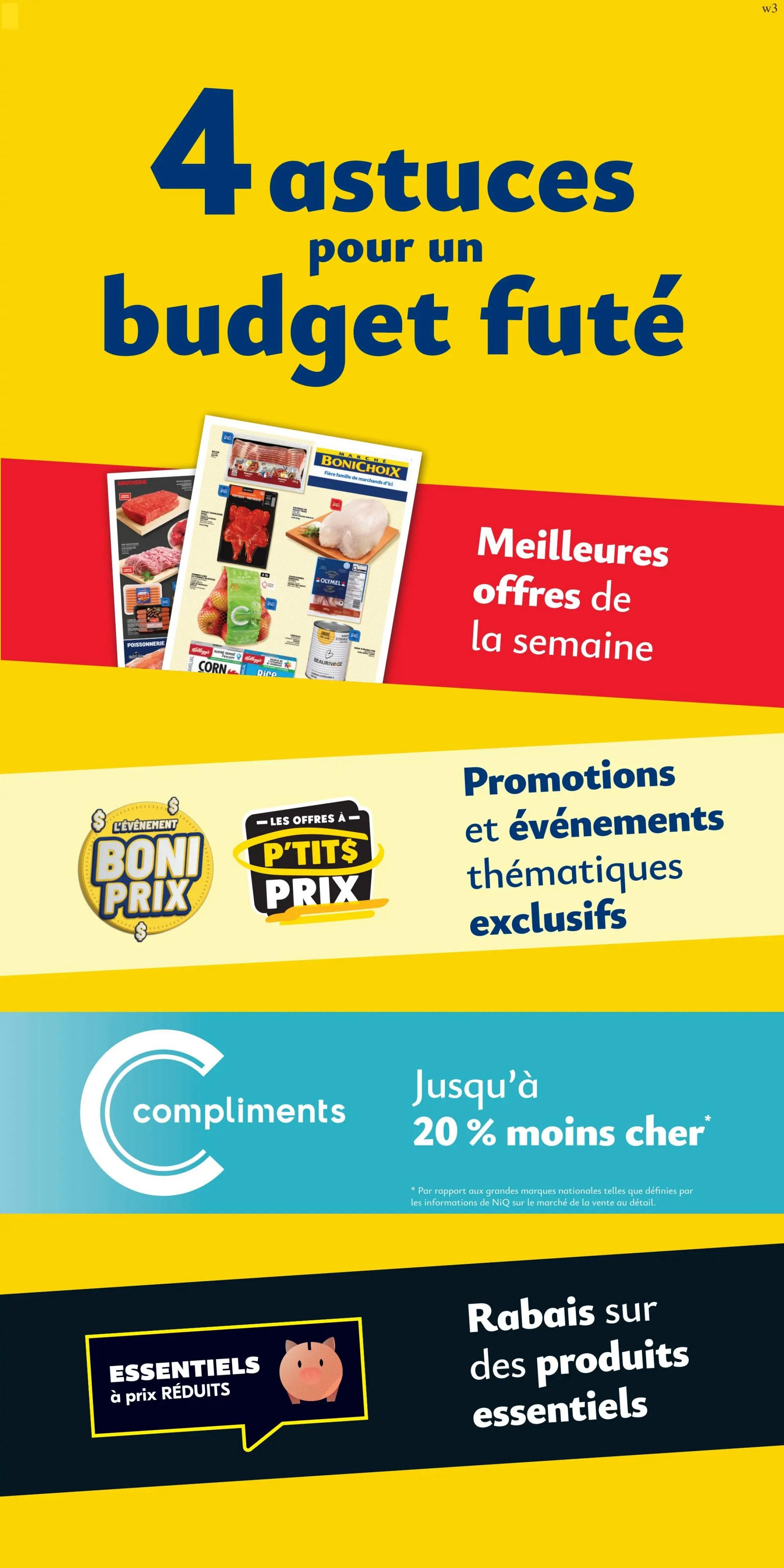 Marché Bonichoix weekly flyer specials, page 7. Features '4 tips for a smart budget' with images of meat products, a whole chicken, and canned goods. Highlights 'Best offers of the week' and 'Promotions and exclusive thematic events'. Also features 'Boni Prix' and 'P'tits Prix' offers. Includes a section on 'Compliments' with up to 20% off, and 'Discounts on essential products' with a piggy bank graphic.
