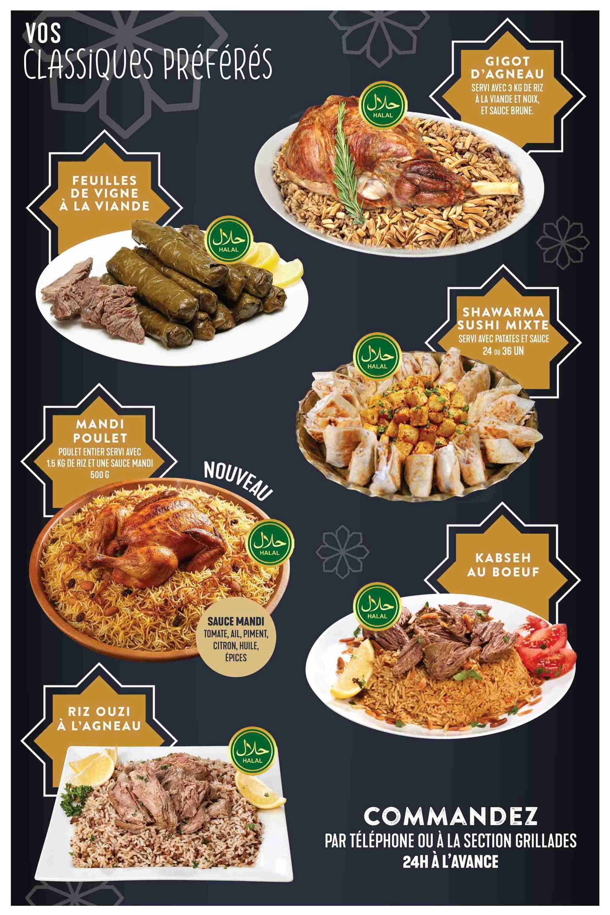 Adonis Weekly Flyer Specials Page 12 features 'Your Favourite Classics' with several Halal dishes. Options include: Gigot d'agneau (lamb leg) served with 3kg of rice, nuts, and brown sauce; Feuille de vigne à la viande (meat-stuffed grape leaves); Mandi poulet (whole chicken with 1.5kg of rice and Mandi sauce), available in 500g portions; Shawarma Sushi Mixte served with potatoes and sauce, available in 24 or 36 piece servings; Kabseh au boeuf (beef Kabseh) served with rice; and Riz ouzi à l'agneau (lamb Ouzi rice). The page also highlights Mandi sauce made with tomato, garlic, pepper, lemon, oil, and spices. Customers can order by phone or at the grill section with 24 hours advance notice.