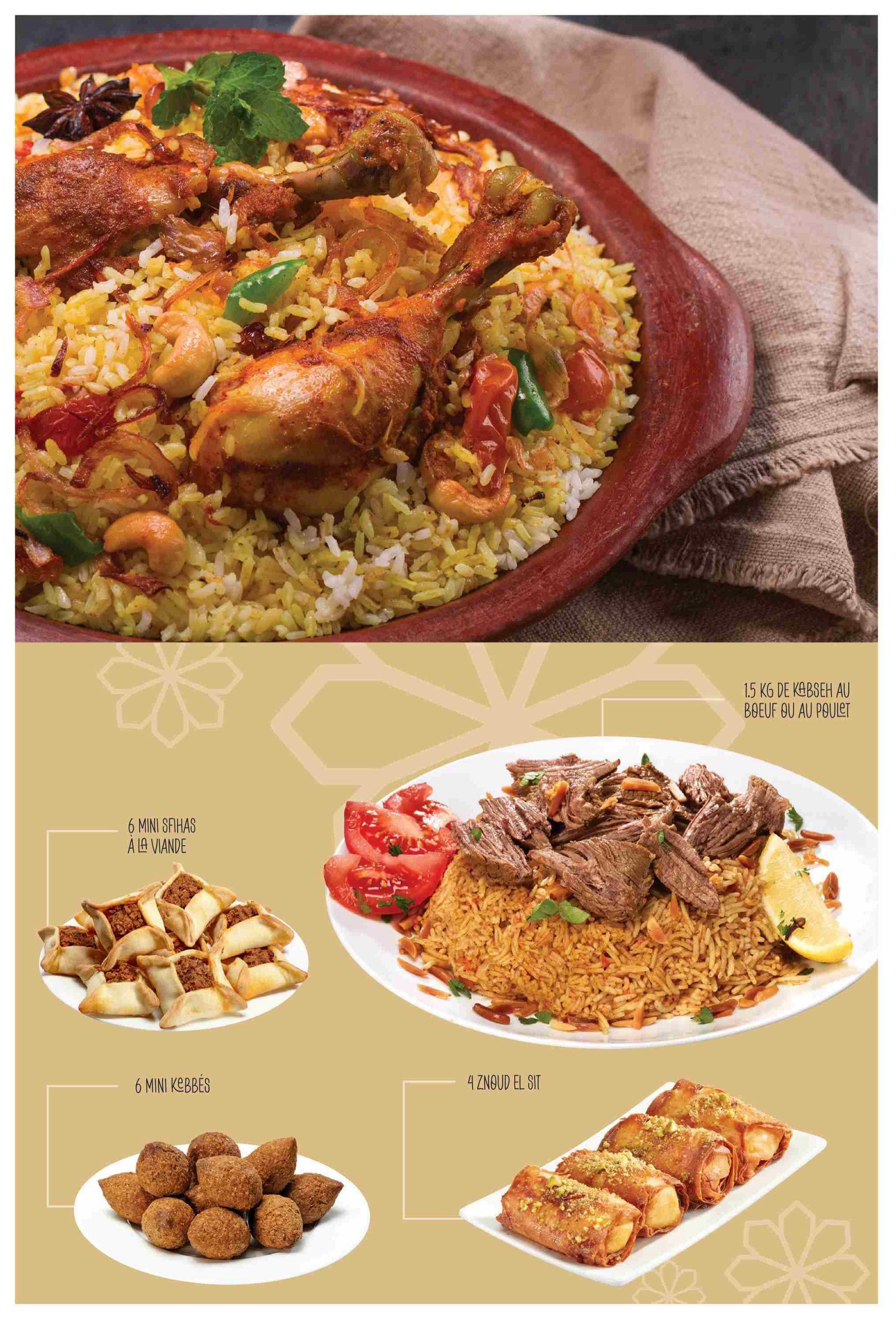 Adonis Weekly Flyer Specials Page 14 features a large dish of chicken biryani. Below are several Mediterranean-inspired dishes: 6 mini sfihas with meat, 1.5 kg of beef or chicken kabseh served with rice, 6 mini kebbeh, and 4 znoud el sit (phyllo pastry rolls filled with nuts).
