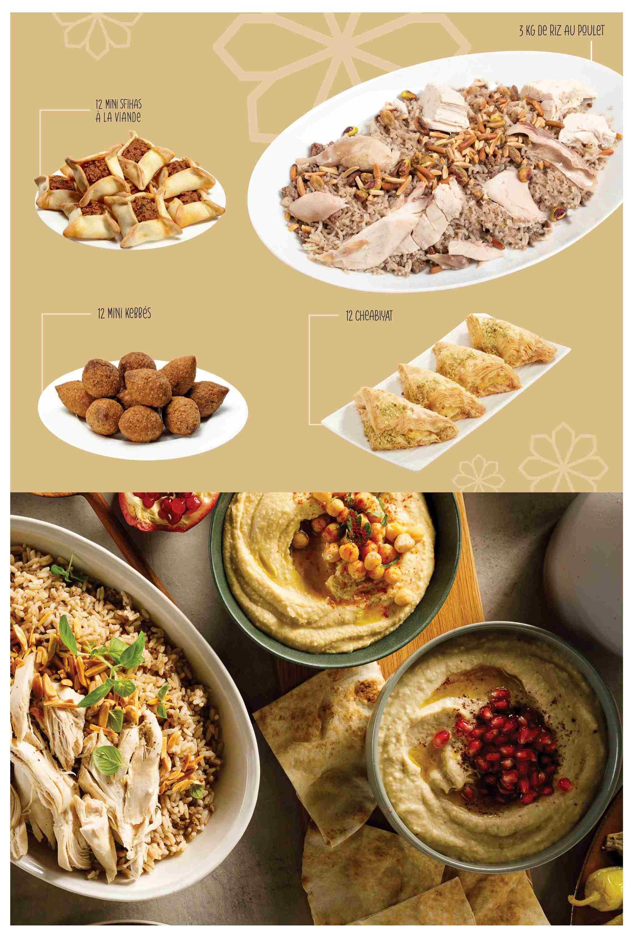 Adonis weekly flyer specials page 16 features a variety of Middle Eastern dishes. Top right shows 3 kg of chicken and rice. The top left features 12 mini sfihas with meat, 12 mini kebbeh, and 12 cheabiyat. The bottom of the page displays a large serving of chicken and rice with almonds and herbs, alongside two bowls of hummus topped with chickpeas, olive oil, and pomegranate seeds, served with pita bread.
