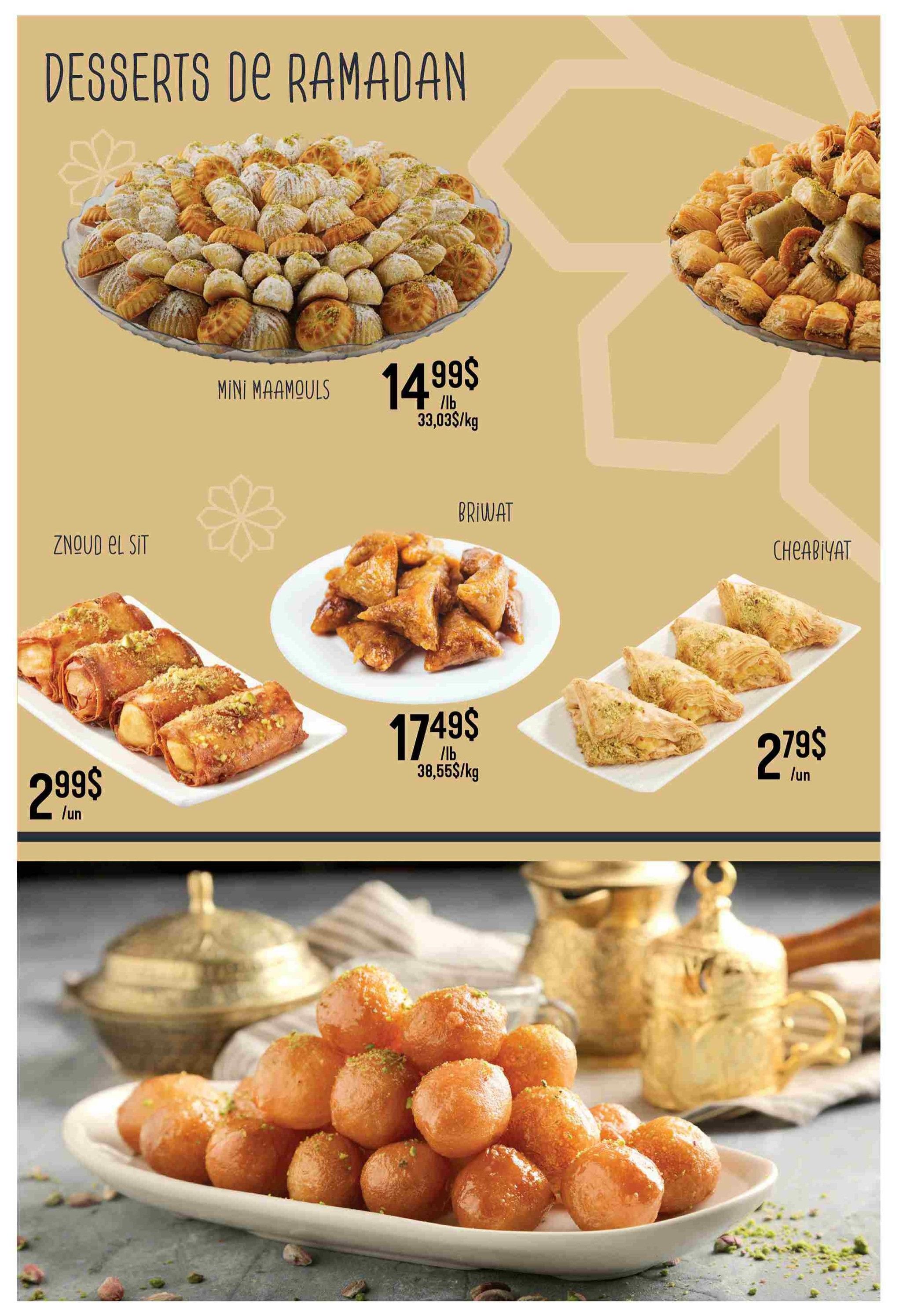 Adonis weekly flyer specials page 19 features Desserts de Ramadan. Pictured are Mini Maamouls for $14.99/lb ($33.03/kg). Also available are Znoud el Sit for $2.99/unit, Briwat for $17.49/lb ($38.55/kg), and Cheabiyat for $2.79/unit. A large platter of golden, syrup-coated dessert balls, likely Loukoumades or similar, is shown at the bottom of the page.