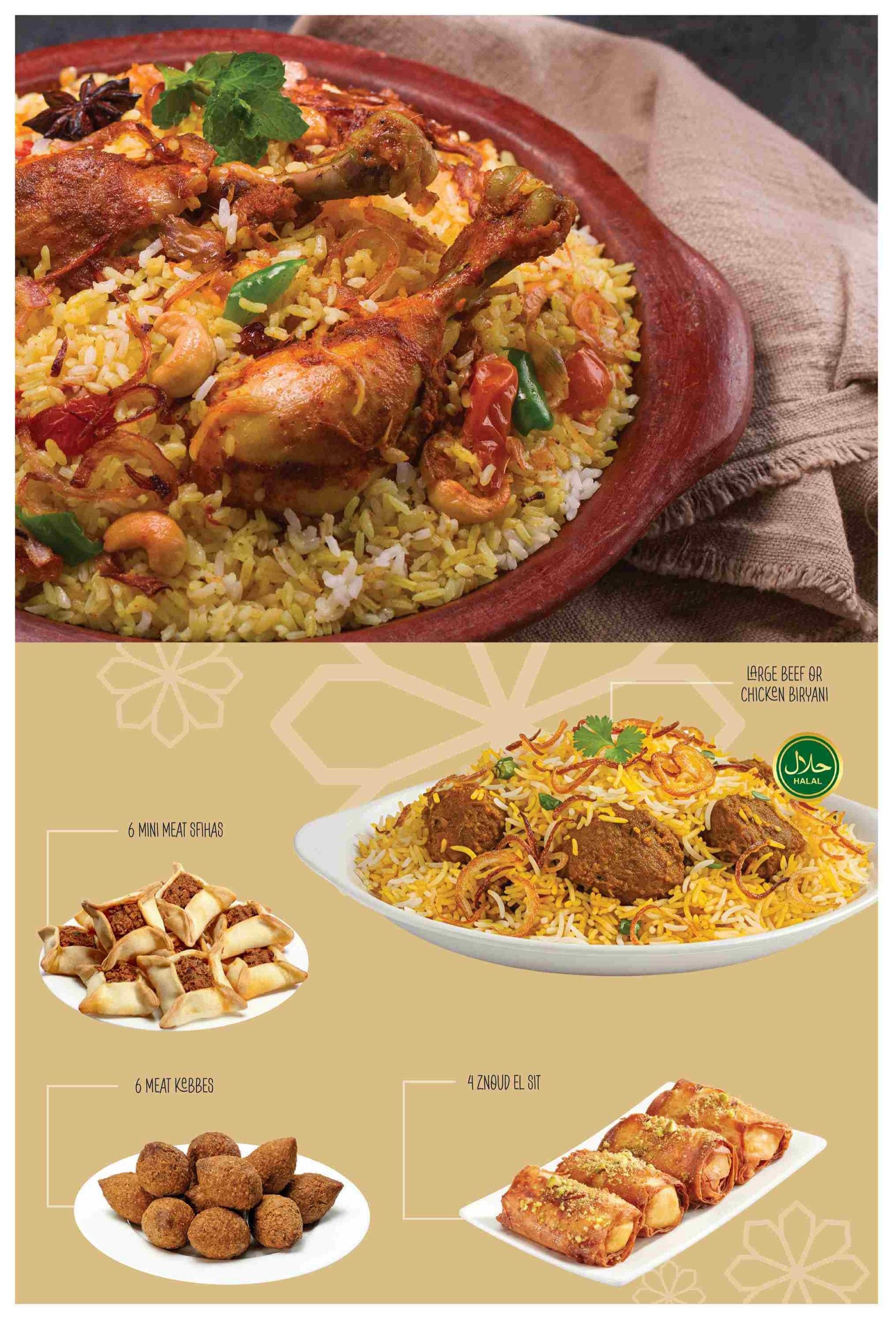 Adonis Ontario weekly flyer specials page 13 features a large beef or chicken biryani, indicated as Halal. Also shown are 6 mini meat sfiha, 6 meat kebbes, and 4 znoud el sit.