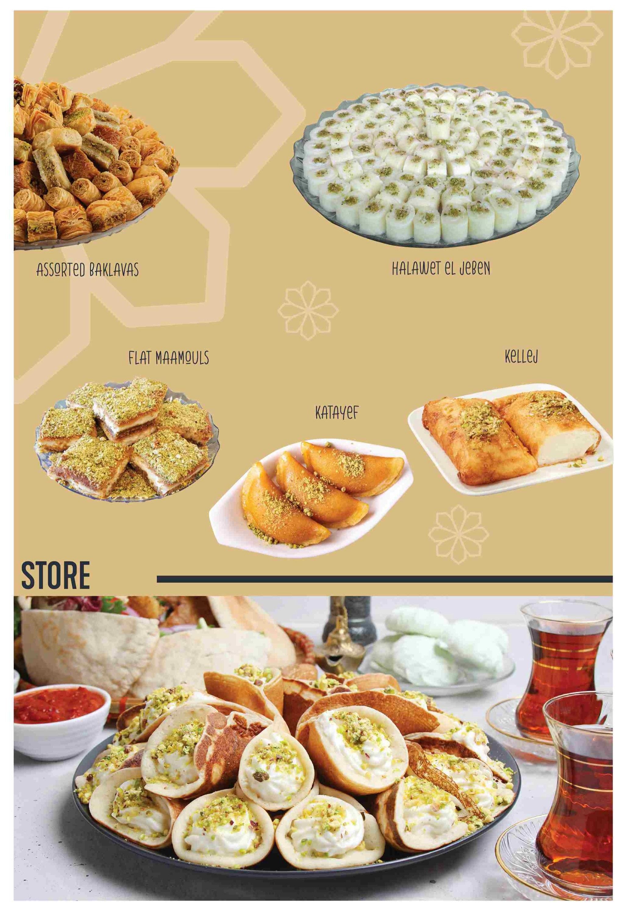 Adonis weekly flyer specials page 19 features a selection of Middle Eastern desserts. Pictured are Assorted Baklavas, Halawet el Jeben, Flat Maamouls, Katayef, and Kellej. The bottom of the page displays a large platter of assorted sweet pastries, including small filled crepes and other baked goods, served with a side of red sauce and two glasses of tea.