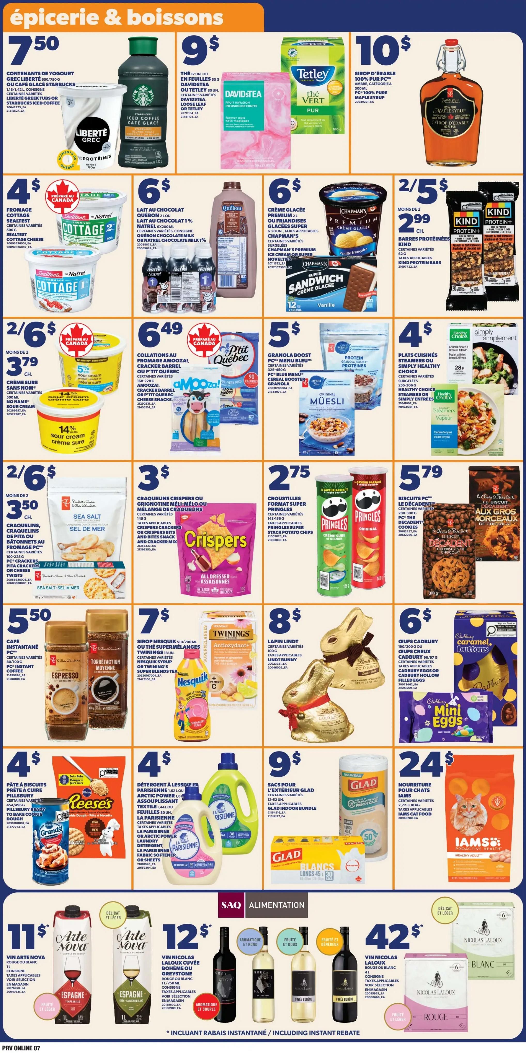 Provigo flyer page 7 features a wide selection of groceries and beverages. Highlights include Liberté Greek yogurt for $7.50, Starbucks iced coffee for $7.50, Tetley tea for $9, and Davidstea for $9. Also featured are Natrel cottage cheese for $4, Quebon chocolate milk for $6, Chapman's premium ice cream for $6, and Kind protein bars for $2/5$. Other deals include PC Blue Menu Muesli for $5, Healthy Choice Simply Entrees for $4, Amooza! cheese snacks for $6.49, and Pringles crisps for $2.75. There are also PC Sea Salt crackers for $2/6, PC Crispers for $3, and PC Decadent cookies for $5.79. Beverages include Espresso instant coffee for $5.50, Nesquik syrup for $7, and Lindt chocolate bunnies for $8. Cadbury Mini Eggs are $6. Laundry and household items include Parisienne detergent for $4 and Glad indoor bundles for $9. Pet food includes Iams cat food for $24. Finally, wine selections include Arte Nova wine for $11, Nicolas Laloux wine for $12, and Nicolas Laloux wine for $42.