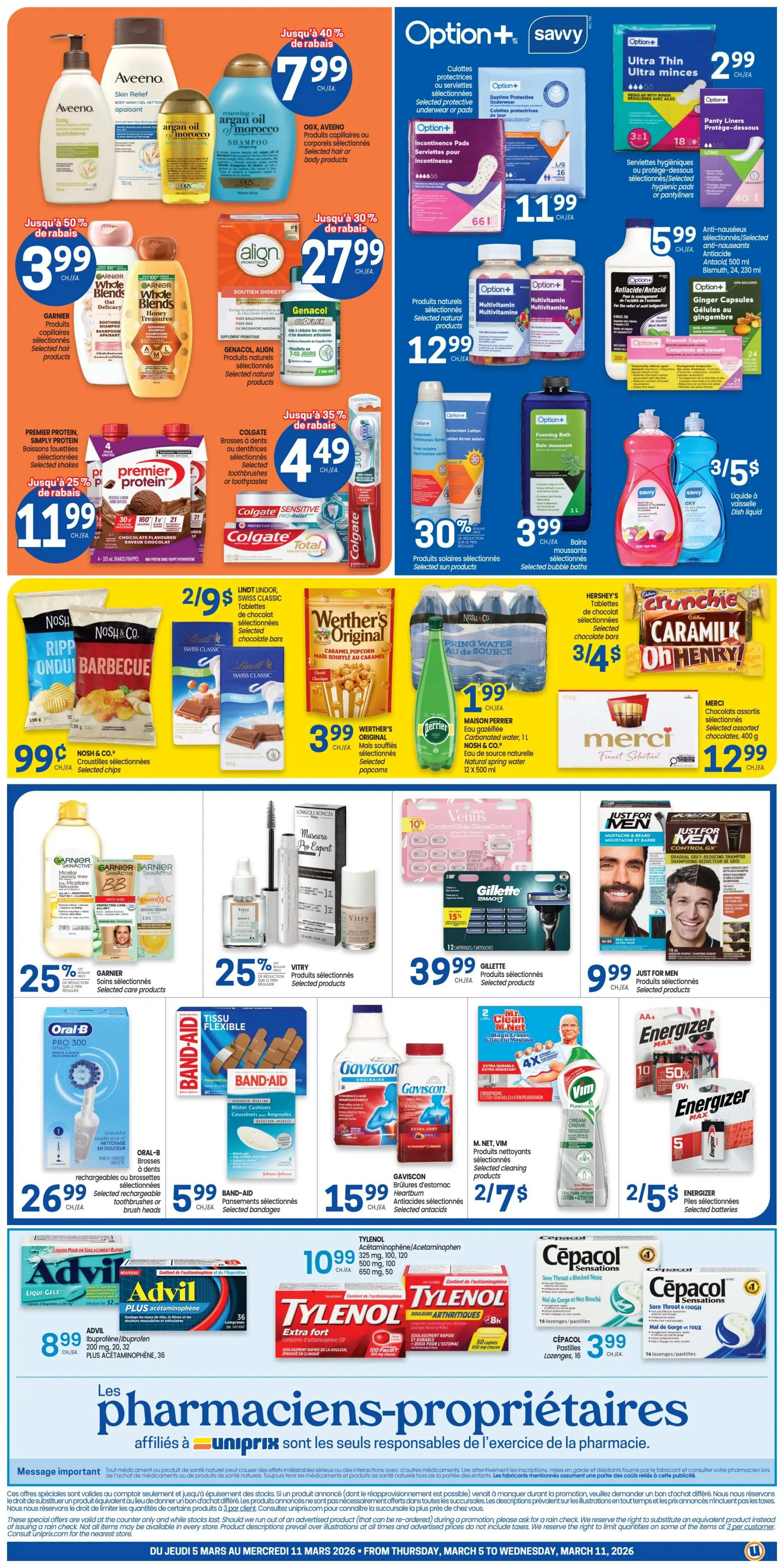 Uniprix weekly flyer specials page 2 features a variety of health, beauty, and household products. Top deals include OGX, Aveeno body care and hair products at 40% off, with prices starting at $7.99. Align digestive health products are 30% off at $27.99. Garnier Whole Blends hair care is 50% off at $3.99. Genacol, Align, and natural health products are on sale for $12.99. Colgate toothbrushes and toothpaste are 35% off at $4.49. Premier Protein shakes are 25% off at $11.99. Option+ savvy incontinence pads and pantyliners are $11.99, and multivitamins are $12.99. Option+ ultra thin ultra minces are $2.99. Antacids and ginger capsules are $5.99. Sun care products are 30% off. Nosh & Co. chips are $0.99. Lindt Lindor chocolate bars are 2 for $9. Werther's Original caramel popcorn is $3.99. Perrier sparkling water is $1.99. Hershey's chocolate bars are 3 for $4. Merci assorted chocolates are $12.99. Garnier skincare is 25% off. Vitry selected products are 25% off. Gillette selected products are $39.99. Just for Men hair care is $9.99. Oral-B Pro 3000 rechargeable toothbrush or brush heads are $26.99. Band-Aid flexible fabric bandages are $5.99. Gaviscon heartburn antacids are $15.99. M. Net, Vim cleaning products are 2 for $7. Energizer Max batteries are 2 for $5. Advil Ibuprofen/Aspirin is $8.99. Tylenol pain relievers are $10.99. Cepacol sore throat lozenges are $3.99. The flyer is valid from March 5 to March 11, 2026.