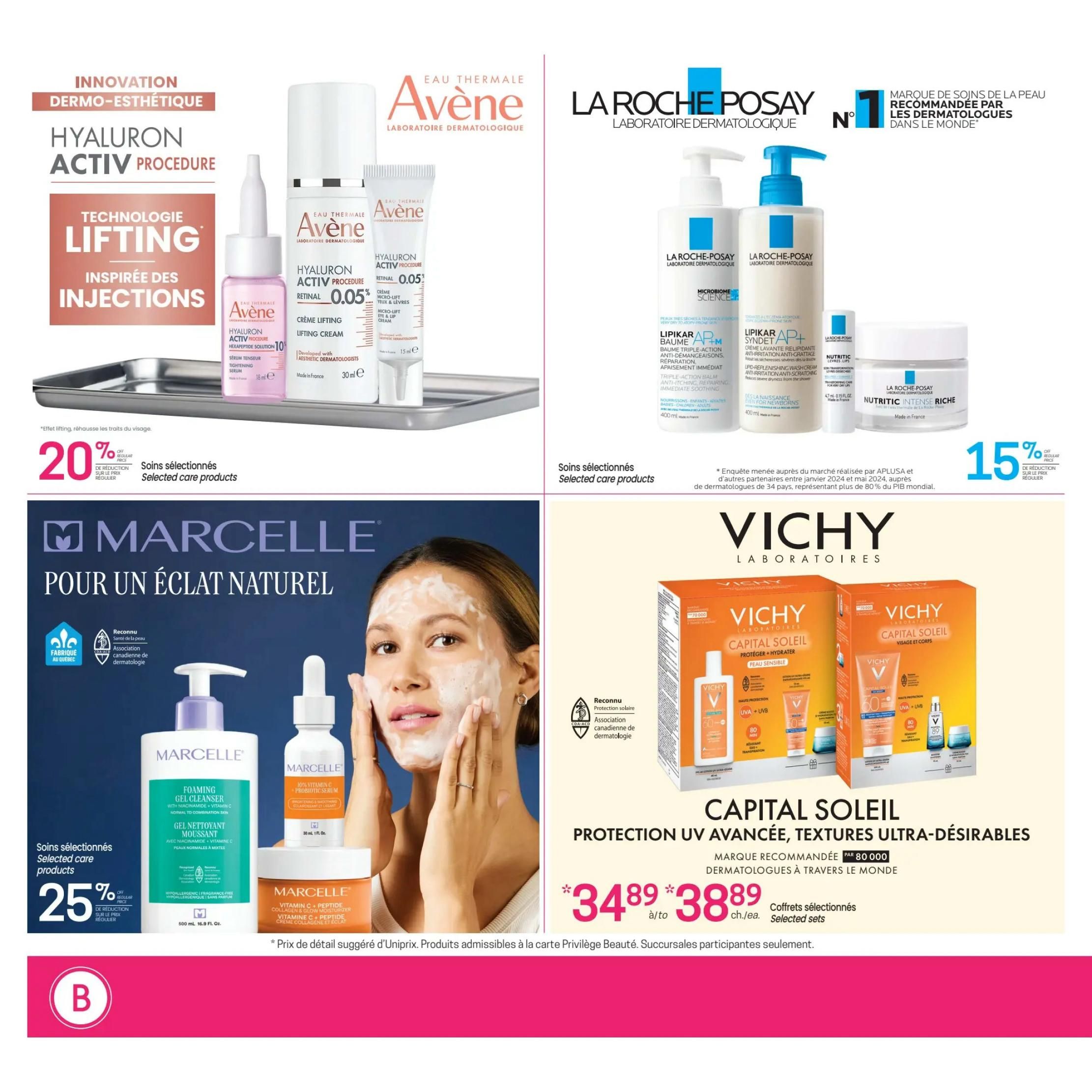 Uniprix Weekly Flyer Specials Page 9. Features Avène Hyaluron Activ Procedure skincare with lifting technology, offering 20% off selected care products. Also showcases La Roche-Posay Lipikar AP+ and Nutritic Intense Riche products. On the lower half, Marcelle 'Pour un éclat naturel' (For a natural glow) line is featured with 25% off selected care products, including their Foaming Gel Cleanser and Vitamin C + Peptide Collagen+ Moisturizer. Additionally, Vichy Capital Soleil sun protection products are highlighted, with selected sets priced at $34.89 to $38.89 each. The page includes endorsements from the Canadian Dermatology Association for Marcelle and mentions La Roche-Posay as the #1 brand recommended by dermatologists worldwide.