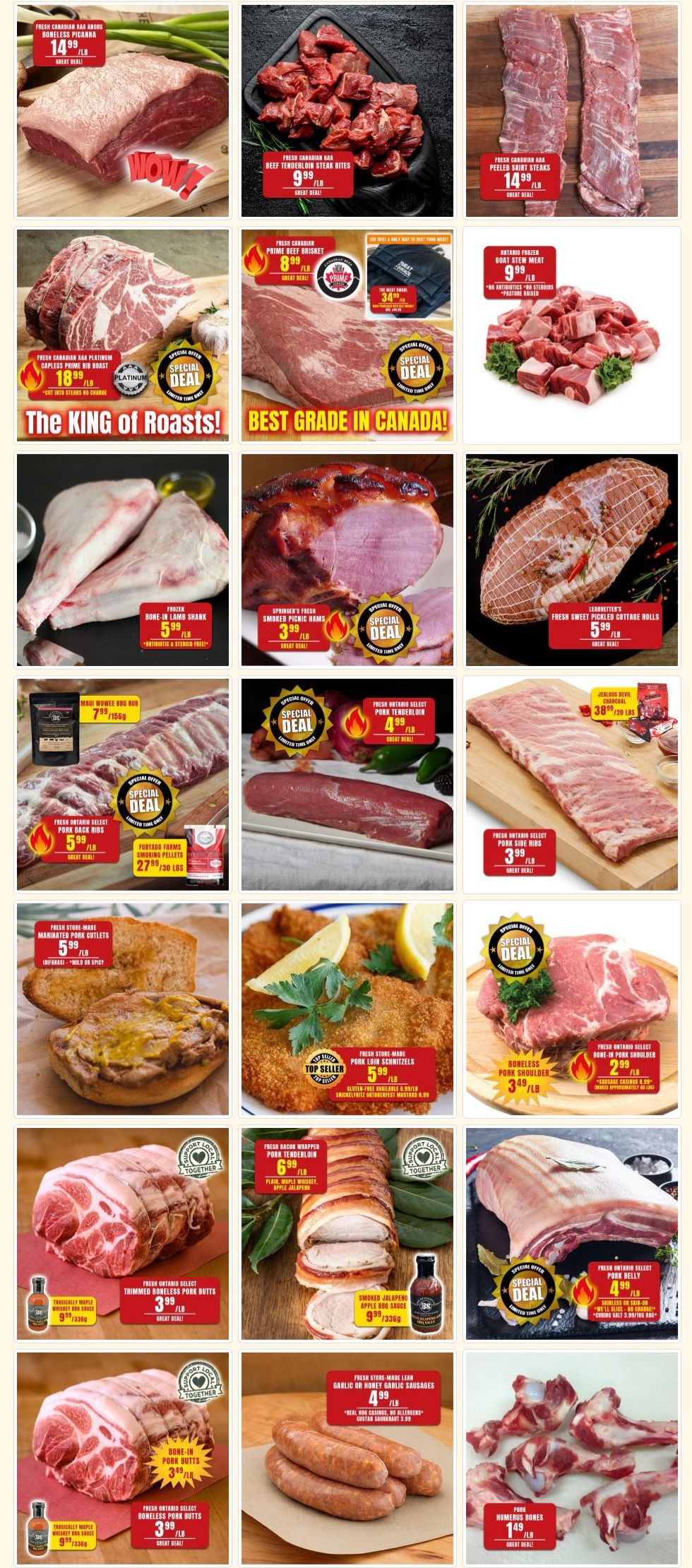 Robert's Quality Fresh Meats weekly flyer specials page 2. Featured items include Fresh Canadian AAA Boneless Picanha for $14.99/lb, Fresh Canadian AAA Beef Tenderloin Steak Bites for $9.99/lb, Fresh Canadian AAA Peeled Skirt Steaks for $14.99/lb, Fresh Canadian AAA Platinum Capless Prime Rib Roast for $18.99/lb, Fresh Canadian Prime Beef Brisket for $8.99/lb, and Ontario Frozen Goat Stew Meat for $9.99/lb. Also available are Frozen Bone-In Lamb Shanks for $5.99/lb, Smoked Picnic Hams for $3.99/lb, and Leavitt's Fresh Sweet Pickled Cotta Rolls for $5.99/lb. Additional offers include Maui Wowee BBQ Rub for $7.99/156g, Fresh Ontario Select Pork Tenderloin for $4.99/lb, Fresh Ontario Select Pork Back Ribs for $5.99/lb, and Furlado Farms Smoking Pellets for $27.99/30 lbs. Other products are Fresh Store-Made Marinated Pork Cutlets for $5.99/lb, Fresh Store-Made Pork Loin Schnitzels (Top Seller) for $5.99/lb, Fresh Ontario Select Pork Belly for $4.99/lb, Fresh Ontario Select Trimmed Boneless Pork Butts for $3.99/lb, Smoked Jalapeno Apple BBQ Sauce for $9.99/336g, Fresh Ontario Select Boneless Pork Butts for $3.99/lb, Fresh Bacon Wrapped Pork Tenderloin for $6.99/lb, Fresh Store-Made Lean Garlic or Honey Garlic Sausages for $4.99/lb, and Pork Humerus Bones for $1.49/lb.