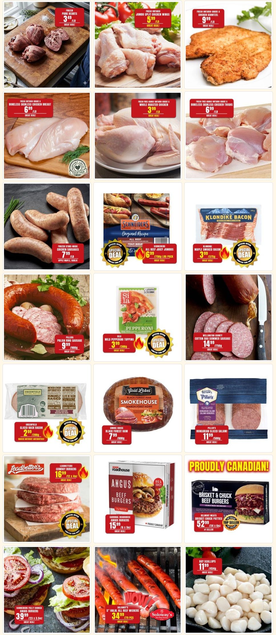 Robert's Quality Fresh Meats weekly flyer specials, page 3. Featured items include: Frozen Pork Hearts for $3.99/lb, Fresh Ontario Jumbo Split Chicken Wings for $5.99/lb, Fresh Ontario Grade A Chicken Schnitzel for $9.99/lb, Fresh Ontario Grade A Boneless Skinless Chicken Breast for $6.99/lb, Fresh Free-Range Ontario Grade A Whole Roaster Chicken for $3.99/lb, Fresh Free-Range Ontario Grade A Boneless Skinless Chicken Thighs for $6.99/lb. Also available are Frozen Store Made Chicken Sausages (Apple Maple Garlic) for $7.99/lb, Schneiders All Beef Juicy Jumbos (750g pack) for $6.99, Klondike Maple Smoked Bacon for $3.99/750g, Piller's Polish Ring Sausage for $9.99/900g, Si La Mild Salami Pepperoni Topping for $3.99/300g, Wellington County Cotton Bag Summer Sausage for $14.99/750g, Greenfield Sliced Back Bacon (raised without antibiotics) for $2.99/200g, Gold Label Smokehouse Black Forest Ham for $7.99/800g, Piller's Hungarian Sliced Salami for $11.99/500g. Additional specials include Leadbetter's Cowboy Burgers (12 x 4oz) for $16.99, Cardinal Roadhouse Angus Beef Burgers (6 x 5oz) for $15.99, Belmont Meats Brisket & Chuck Beef Burgers (24 x 6oz) for $52.99, Schneiders Fully Cooked Angus Burgers (2 x 3.5oz) for $39.99, Soloway's 6' Halal All Beef Wieners (70 pcs) for $34.99, and Bay Scallops for $11.99/454g.