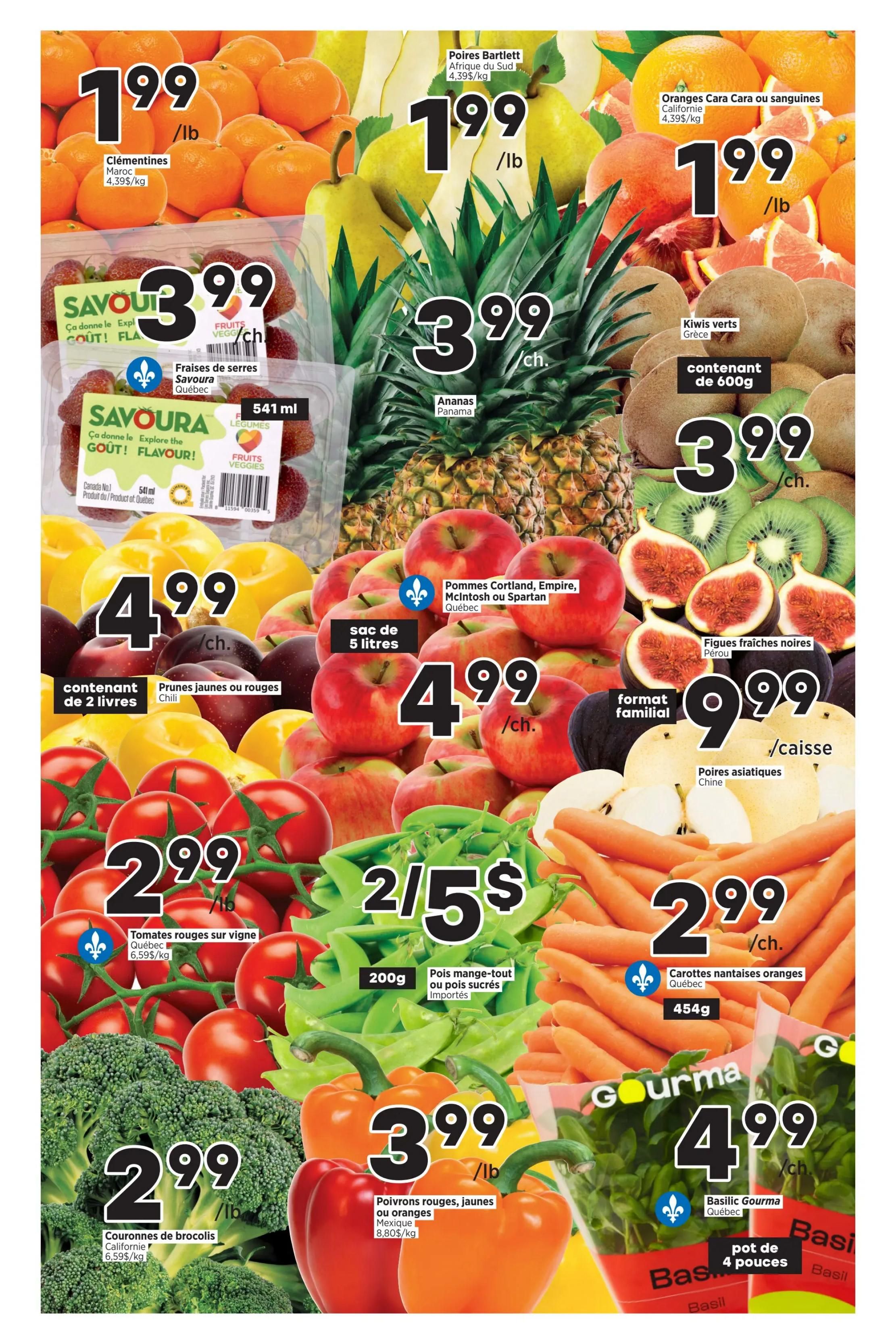 Valmont weekly flyer specials page 2 features a variety of fresh produce. Clementines are $1.99/lb. Bartlett pears from South Africa are $1.99/lb. Cara or blood oranges from California are $1.99/lb. Savoura strawberries in a 541 ml container are $3.99 each. Panama pineapples are $3.99 each. Green kiwis from Greece in a 600g container are $3.99 each. Two-litre containers of yellow or red plums are $4.99 each. Five-litre bags of Cortland, Empire, McIntosh, or Spartan apples from Quebec are $4.99 each. Fresh black figs from Peru are $9.99 per case. Asian pears from China are also $9.99 per case. Vine tomatoes from Quebec are $2.99/lb. A 2-for-$5 offer is available on 200g packages of imported snap peas or sugar snap peas. Orange Nantes carrots from Quebec in a 456g package are $2.99 each. Broccoli crowns from California are $2.99/lb. Red, yellow, or orange bell peppers from Mexico are $3.99/lb. Gourma basil in a 4-pot container is $4.99 each.