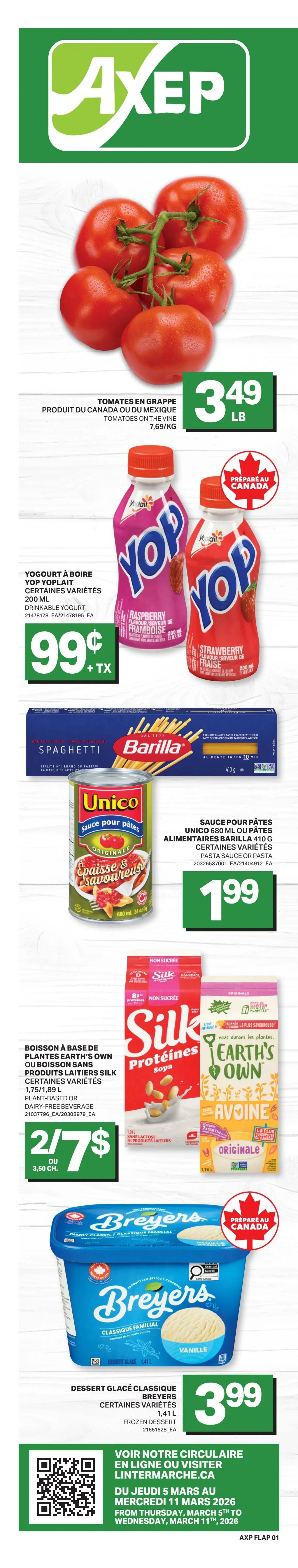 Axep weekly flyer specials page 2 features a 'Cabane à sucre' (Sugar Shack) theme. Featured products include Québon 10% cream at $4.29 and Québon 35% whipping cream at $4.29. Lafleur fresh or fully cooked bacon is on sale for $7.99. Lafleur Classic Cretons are priced at $3.79. Olymel sliced deli meats, including Black Forest smoked ham and original cooked chicken breast, are available for $4.29. Bernard 100% pure maple syrup in 540 ml cans is on special for $9.49. The page also shows an image of maple taffy on snow.