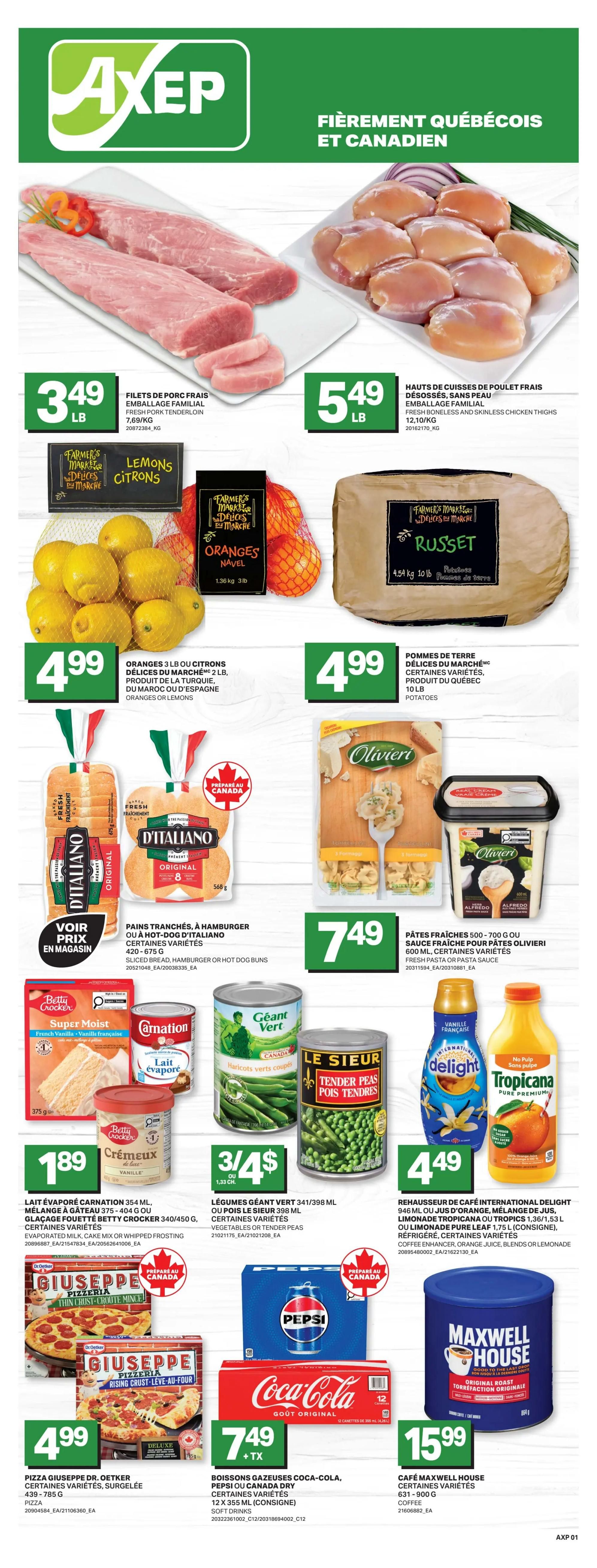 Axep flyer page 1 featuring fresh tomatoes on the vine for $3.49 per lb. Also available are Yop drinkable yogurts in various flavours for $0.99 each, Barilla spaghetti for $1.99, and Unico pasta sauce for $1.99. Plant-based or dairy-free beverages from Earth's Own or Silk are on sale 2 for $7.00. Breyers frozen dessert is priced at $3.99. The flyer is valid from Thursday, March 5th to Wednesday, March 11th, 2026.
