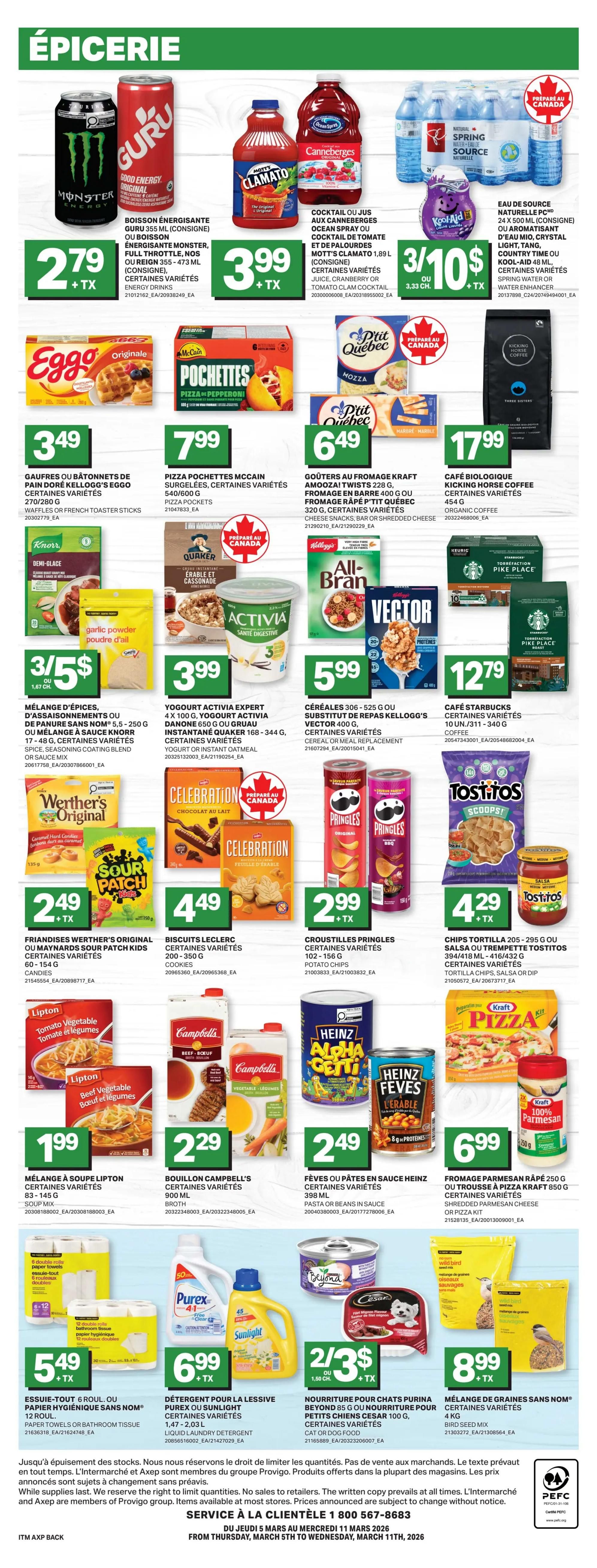 Axep weekly flyer specials page 6, featuring grocery items. Monster Energy or Guru energy drinks are $2.79 each. Mott's Clamato cocktail or juice is $3.99. Spring water or Kool-Aid is 3 for $10. Eggo waffles or French toast sticks are $3.49. McCain pizza pockets are $7.99. Kraft Amuozi twists or P'tit Québec shredded cheese is $6.49. Kicking Horse organic coffee is $17.99. Knorr Demi-Glace sauce mix is 3 for $5. Activia yogurt is $3.99. Kellogg's Vector cereal is $5.99. Starbucks coffee is $12.79. Werther's Original or Maynard's Sour Patch Kids candies are $2.49. Leclerc Celebration cookies are $4.49. Pringles potato chips are $2.99. Tostitos chips or salsa is $4.29. Lipton soup mix is $1.99. Campbell's broth is $2.29. Heinz pasta or beans in sauce are $2.49. Kraft pizza kit is $6.99. Purex or Sunlight laundry detergent is $6.99. Purina cat food or Cesar dog food is 2 for $3. Bird seed mix is $8.99. Toilet paper is $5.49.