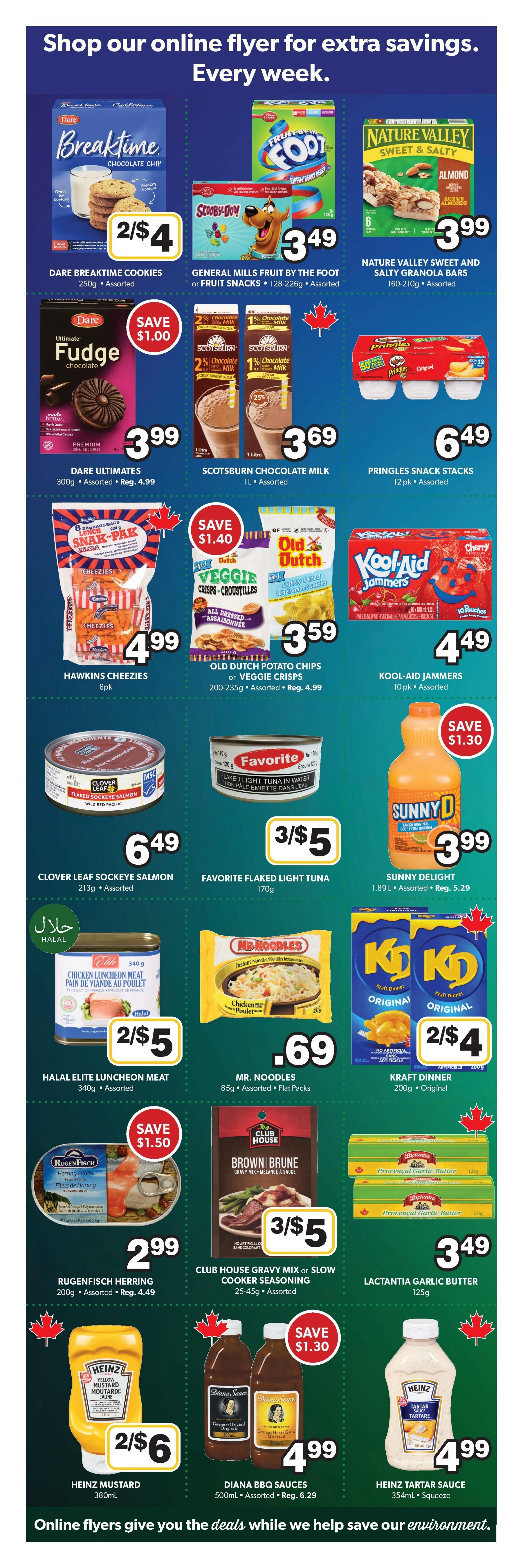 Colemans Weekly Flyer Specials, Page 5. Featured items include Dare Breaktime Cookies for 2 for $4, General Mills Fruit by the Foot or Fruit Snacks for $3.49, and Nature Valley Sweet and Salty Granola Bars for $3.99. Also available are Dare Ultimates Chocolate Fudge for $3.99 (save $1.00), Scotsburn Chocolate Milk for $3.69, and Pringles Snack Stacks (12 pk) for $6.49. Hawkins Cheezies (8 pk) are $4.99. Old Dutch Potato Chips or Veggie Crisps are $3.59 (regularly $4.99). Kool-Aid Jammers (10 pk) are $4.49. Clover Leaf Sockeye Salmon is $6.49. Favorite Flaked Light Tuna is 3 for $5. Sunny Delight is $3.99 (save $1.30). Halal Elite Luncheon Meat is 2 for $5. Mr. Noodles (85g, flat packs) are $0.69. Kraft Dinner (200g Original) is 2 for $4. RugenFisch Herring Fillets are $2.99 (save $1.50). Club House Gravy Mix or Slow Cooker Seasoning is 3 for $5. Lactantia Garlic Butter is $3.49. Heinz Mustard is 2 for $6. Diana BBQ Sauces are $4.99 (regularly $6.29). Heinz Tartar Sauce is $4.99. Shop online for extra savings every week.