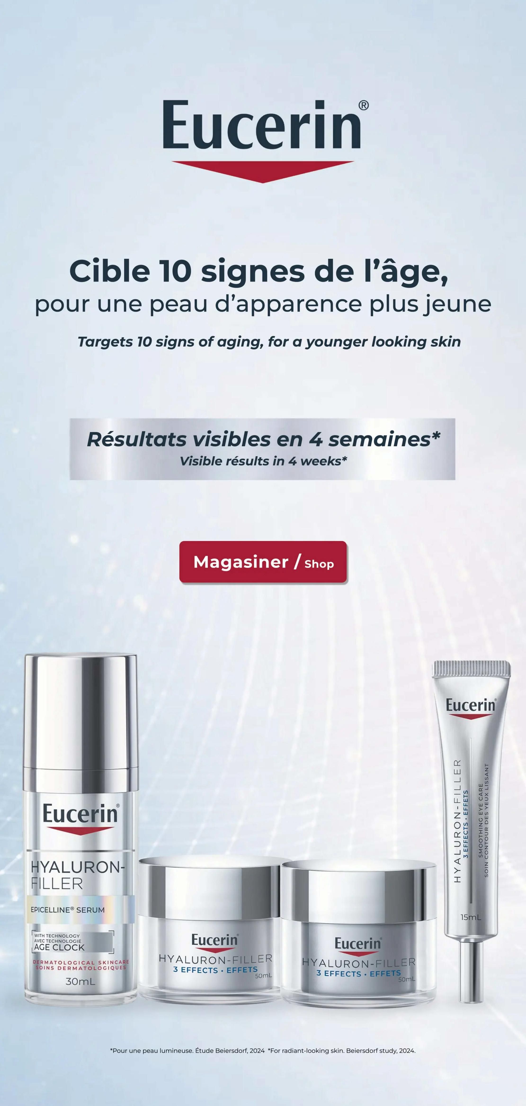 Familiprix weekly flyer specials, page 5. Features Eucerin products targeting 10 signs of aging for a younger-looking skin, with visible results in 4 weeks. Showcases Eucerin Hyaluron-Filler Epicecelline Serum (30mL), Eucerin Hyaluron-Filler 3 Effects creams (50mL), and Eucerin Hyaluron-Filler Smoothing Eye Care (15mL). Includes a 'Shop' button. Text indicates results from a Beiersdorf study in 2024.