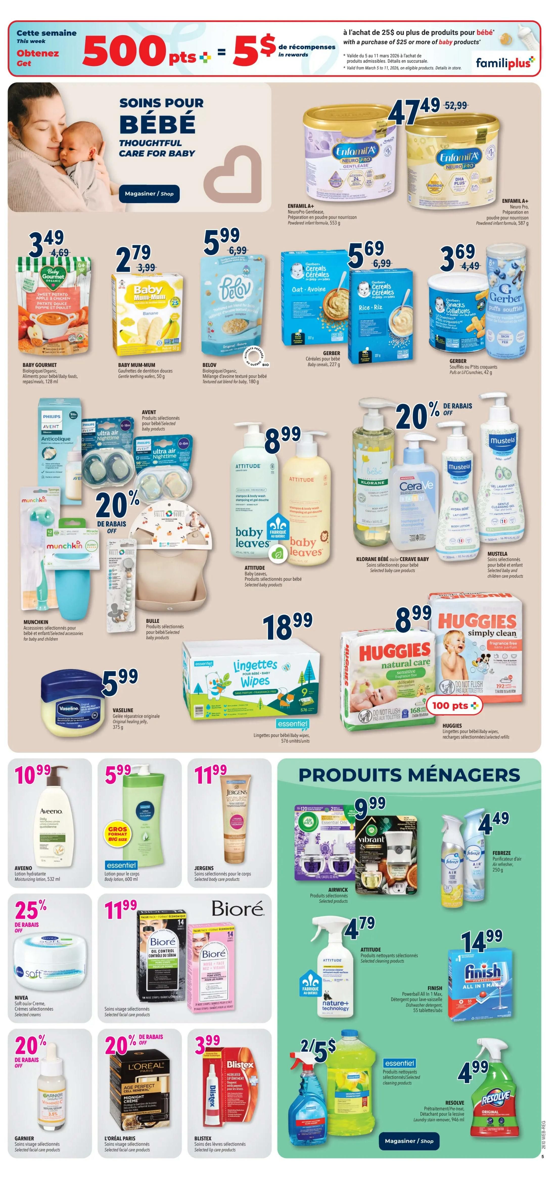 Familiprix weekly flyer specials page 7 features a 'Thoughtful Care for Baby' section with Enfamil A+ NeuroPro Gentlease powdered infant formula for $47.49 (originally $52.99). Also available are Baby Gourmet organic baby food pouches for $3.49, Baby Mum-Mum banana teething biscuits for $2.79, Belov organic textured oat blend for $5.99, and Gerber baby cereals (Oat and Rice) for $5.69. Other baby items include Philips Avent anti-colic bottles, Munchkin selected baby and children's accessories for $20% off, and Bulle selected baby products. Attitude baby leaves shampoo & body wash and other selected baby care products are $8.99. Klorane Bebe and CeraVe Baby selected care products are also featured. Mustela selected baby and children care products are available. Huggies natural care baby wipes are $8.99 with 100 bonus points. Vaseline Original Healing Jelly is $5.99. Essential brand body lotion is $5.99. Lingettes Wipes are $18.99. Jergens selected body care products are $11.99. Skincare and personal care items include Nivea Soft Skin Cream for 25% off, Aveeno moisturizing lotion for $10.99, Bioré selected facial care products for $11.99, L'Oréal Paris Age Perfect Cell Renewal for 20% off, and Blister selected lip care products for $3.99. Garnier selected facial care products are 20% off. Household products include Airwick selected products, Febreze air freshener for $4.49, Attitude selected cleaning products for $4.79, Finish All in 1 dishwasher detergent for $14.99, Resolve laundry stain remover for $4.99, and Essential selected cleaning products. There is also a promotion for 500 points equals $5 in rewards with a purchase of $25 or more in baby products.