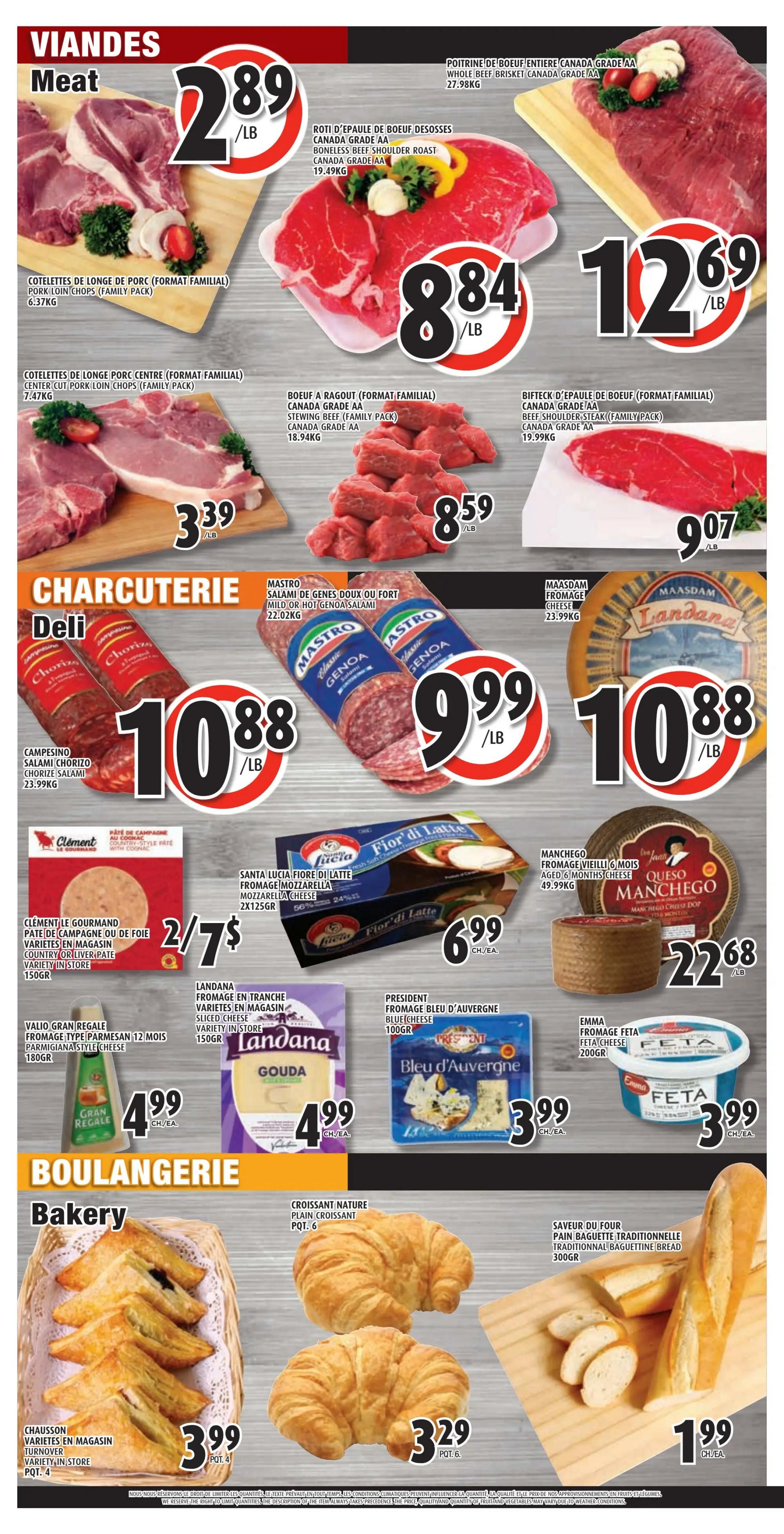 Esposito Weekly Flyer Specials Page 2: Features a variety of meats including Whole Beef Brisket at $2.89/lb, Boneless Beef Shoulder Roast at $8.84/lb, and Pork Loin Chops (Family Pack) at $3.39/lb. Also available are Stewing Beef (Family Pack) for $8.59/lb and Beef Shoulder Steak (Family Pack) for $12.69/lb. The Charcuterie section offers Campesino Chorizo Salami for $10.88/lb, Mastro Genoa Salami for $9.99/lb, and Maasdam Landana Cheese for $10.88/lb. Other deli items include Clement Le Gourmand Pâté de Campagne or Liver Pâté for 2/$7, Santa Lucia Fiore di Latte Mozzarella Cheese for $6.99 each, Landana Gouda Sliced Cheese for $4.99 each, President Bleu d'Auvergne Blue Cheese for $3.99 each, and Manchego Aged 6 Months Cheese for $22.68/lb. The Bakery section highlights Assorted Turnovers for $3.99 per pot of 4, Plain Croissants for $3.29 per pot of 6, and Traditional Baguette Bread for $1.99 each.