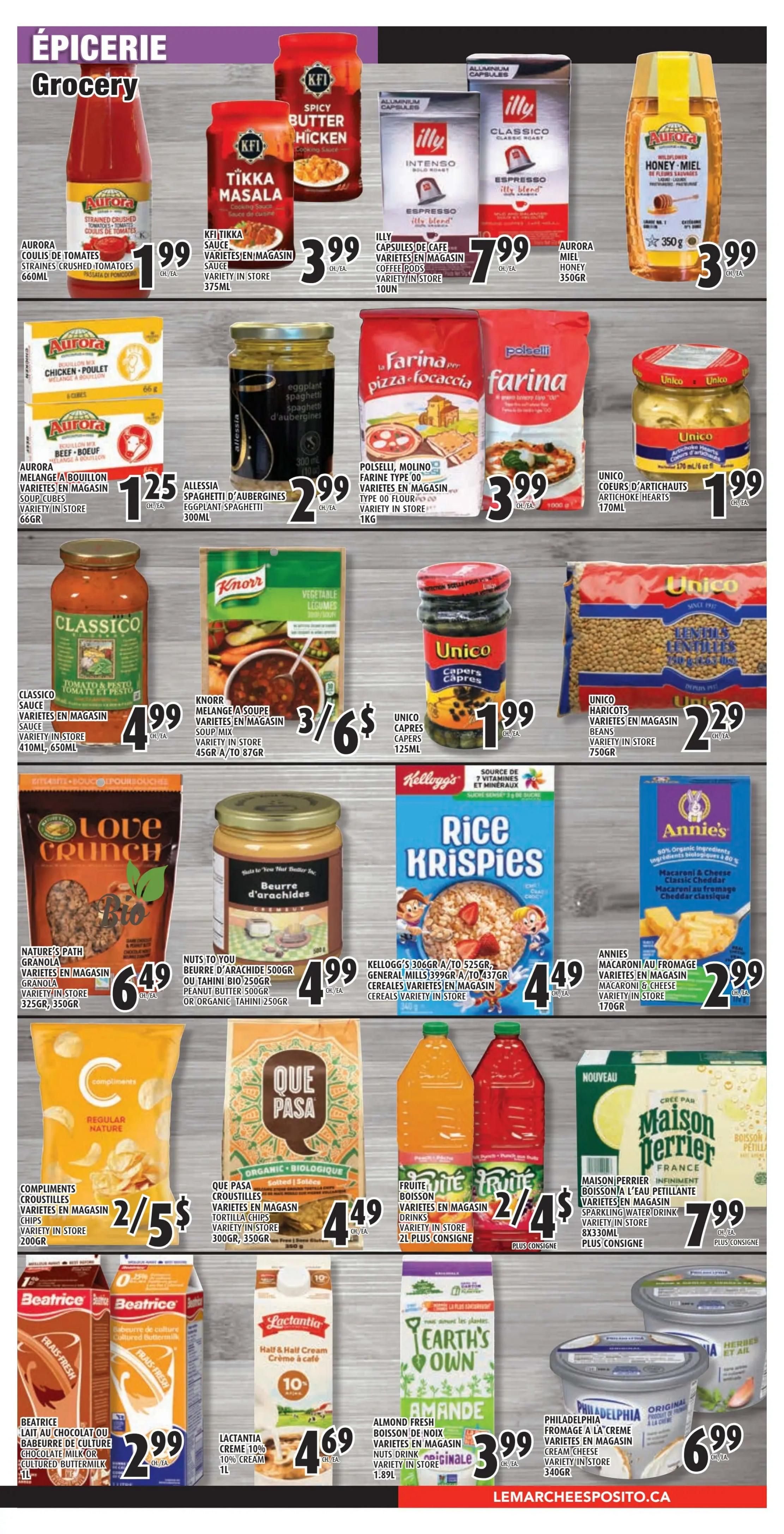 Esposito Grocery flyer page 3 features a variety of food items. Top row includes Aurora strained crushed tomatoes for $1.99, KFI Tikka Masala sauce for $3.99, and Illy coffee capsules in various roasts for $7.99. Also featured is Aurora honey for $3.99. The second row showcases Aurora chicken and beef soup/cubes for $1.25, Allessia eggplant spaghetti for $2.99, Polselli Molino flour for $3.99, and Unico artichoke hearts for $1.99. The third row highlights Classico tomato & pesto sauce for $4.99, Knorr vegetable soup mix at 3 for $6, Unico capers for $1.99, and Unico lentils for $2.29. The fourth row presents Nature's Path Love Crunch granola for $6.49, Nuts to You peanut butter or organic tahini for $4.99, Kellogg's Rice Krispies cereal for $4.49, and Annie's macaroni & cheese for $2.99. The bottom row includes Compliments chips for 2 for $5, Que Pasa tortilla chips for $4.49, Fruite drinks for 2 for $4, Maison Perrier sparkling water for $7.99, Beatrice cultured buttermilk or chocolate milk for $2.99, Lactantia 10% cream for $4.69, Earth's Own almond fresh drink for $3.99, and Philadelphia cream cheese for $6.99.