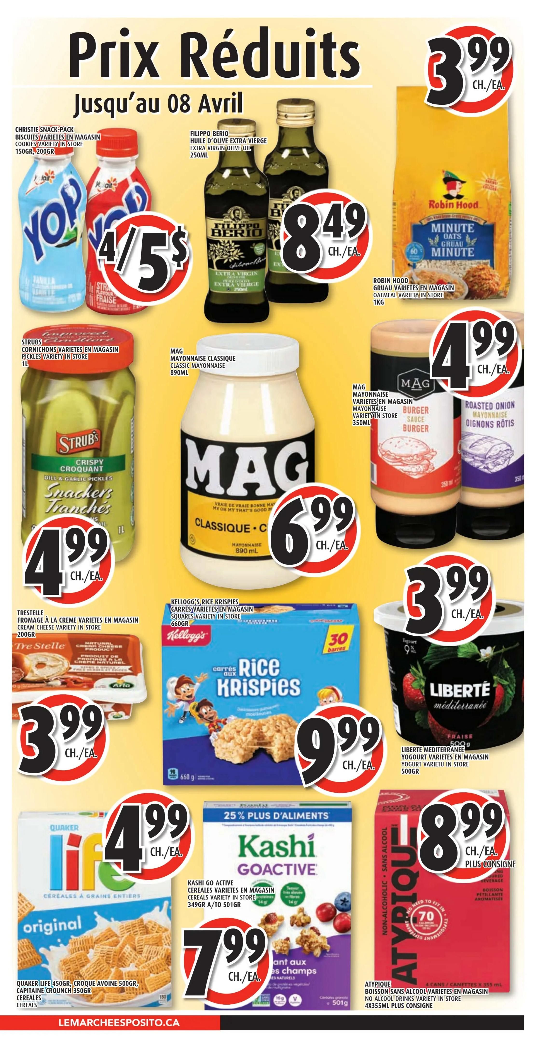Esposito Weekly Flyer Specials page 5. Featured products include Christie snack pack biscuits for 4 for $5, Filippo Berio Extra Virgin Olive Oil 250ml for $8.49, and Robin Hood Minute Oats 1kg for $3.99. Also on sale are Strubs Crispy Croquant Dill & Garlic Pickles for $4.99, Mag Classic Mayonnaise 890ml for $6.99, and Mag Burger Sauce Mayonnaise 350ml for $4.99. Kelloggs Rice Krispies Squares 660g are $9.99, and Trestelle Cream Cheese Variety 200g is $3.99. Quaker Life Original Cereal 349g/350g is $4.99. Kashi Go Active Cereals 349g/501g are $7.99. Liberté Méditerranée Strawberry Yogurt 500g is $3.99. Atypique Non-Alcoholic Drinks 4x355ml are $8.99 with deposit.