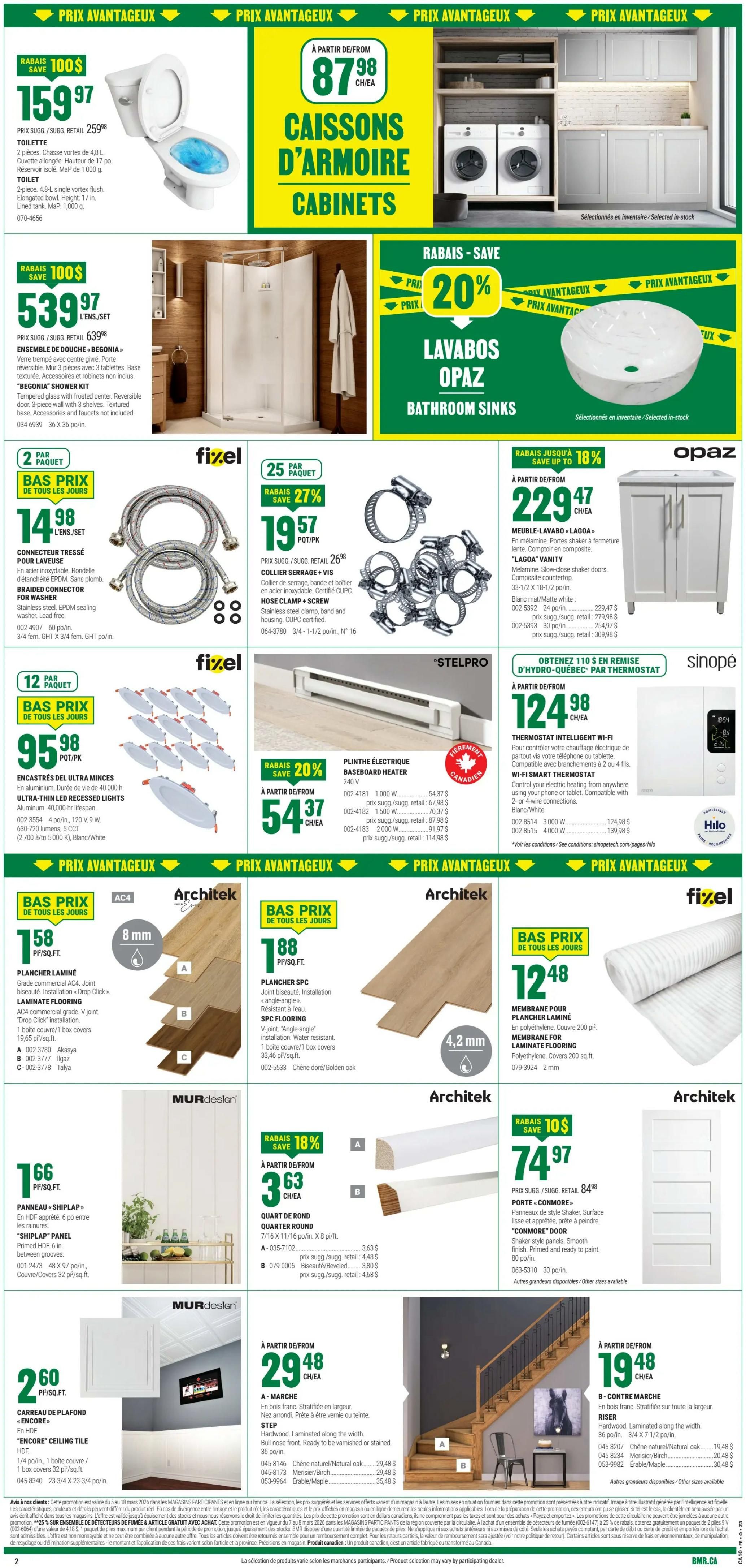 BMR Weekly Flyer Specials Page 3. Features a toilet for $159.97, saving $100. Also showcases 'Caissons d'armoire' (Cabinetry) starting at $87.98 each. A 'Begonia' shower kit is available for $539.97, saving $100. 'Lavabos Opaz' (Opaz Bathroom Sinks) are on sale with a 20% discount. Fixel braided connectors for washers are $14.98 per 2-pack. Fixel hose clamp + screw sets are 27% off, priced at $19.57 per pack. 'Encastrés ultra minces' (Ultra-thin LED recessed lights) from Fixel are $95.98 per 12-pack. Stelpro electric baseboard heaters are 20% off, starting at $54.37 each. 'Lagao' vanity from Opaz is available starting at $229.47, with up to 18% savings. Sinopé smart thermostats are available starting at $124.98. Architek laminate flooring is $1.58 per sq. ft. Architek SPC flooring is $1.88 per sq. ft. Murdesian 'Shiplap' panel is $1.66 per sq. ft. Murdesian 'Encore' ceiling tile is $2.60 per box. Architek quarter round trim is $3.63 each. Architek 'Conmore' shaker style doors are $74.97 each. Architek natural/oak or maple risers are $19.48 each. A 'Marche' step is $29.48 each.
