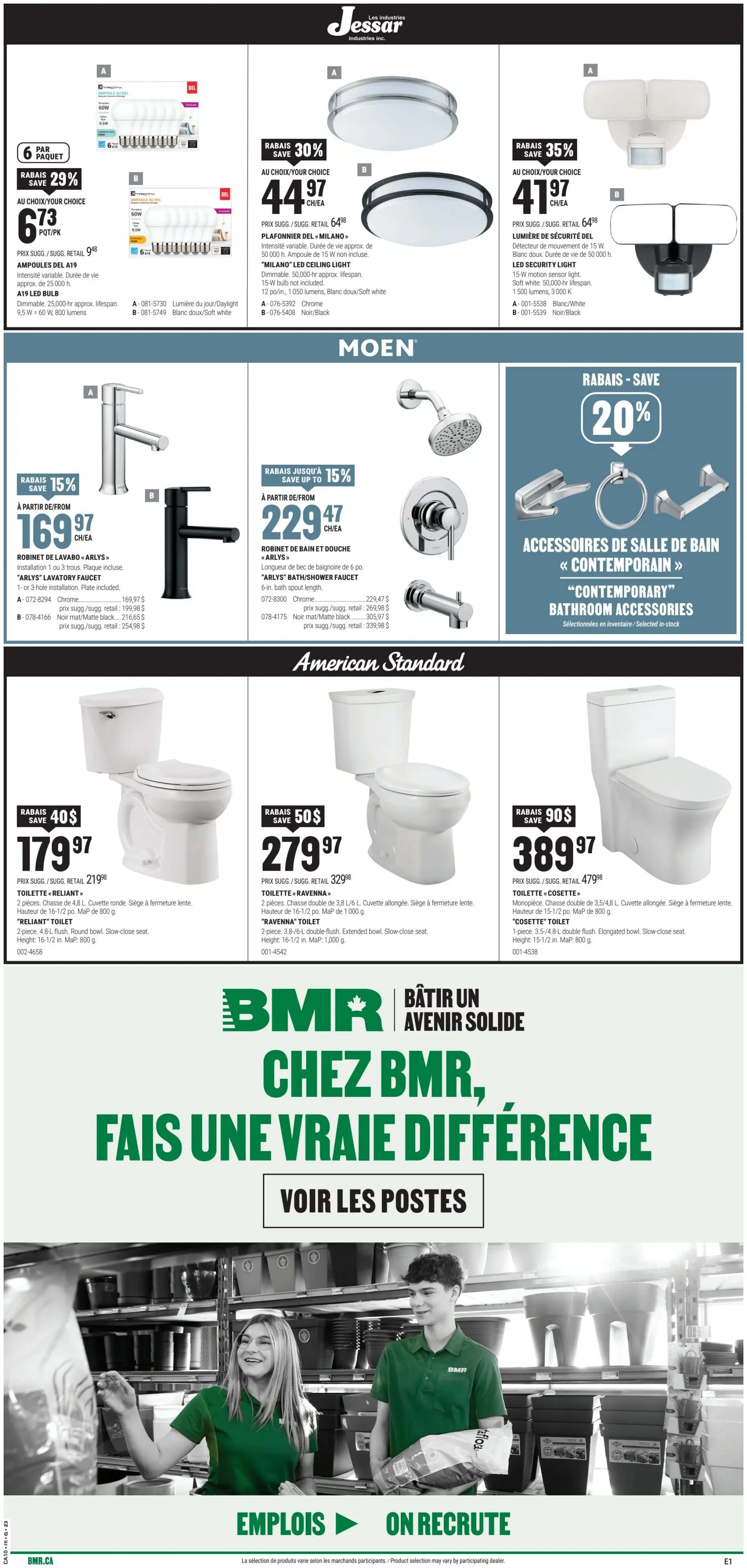 BMR Weekly Flyer Specials, Page 5. Features Jessar Industries lighting: 6-pack A19 LED bulbs for $6.73 (save 29%), 'Milano' LED ceiling light for $44.97 (save 30%), and LED security light for $41.97 (save 35%). Moen bathroom fixtures include the 'Arlys' lavatory faucet for $169.97 (save 15%) and the 'Arlys' bath/shower faucet for $229.47 (save 15%). Also features contemporary bathroom accessories with a 20% discount. American Standard toilets: 'Reliant' toilet for $179.97 (save 40$), 'Ravenna' toilet for $279.97 (save 50$), and 'Cosette' toilet for $389.97 (save 90$). The page includes a message about building a solid future at BMR and information about job opportunities.
