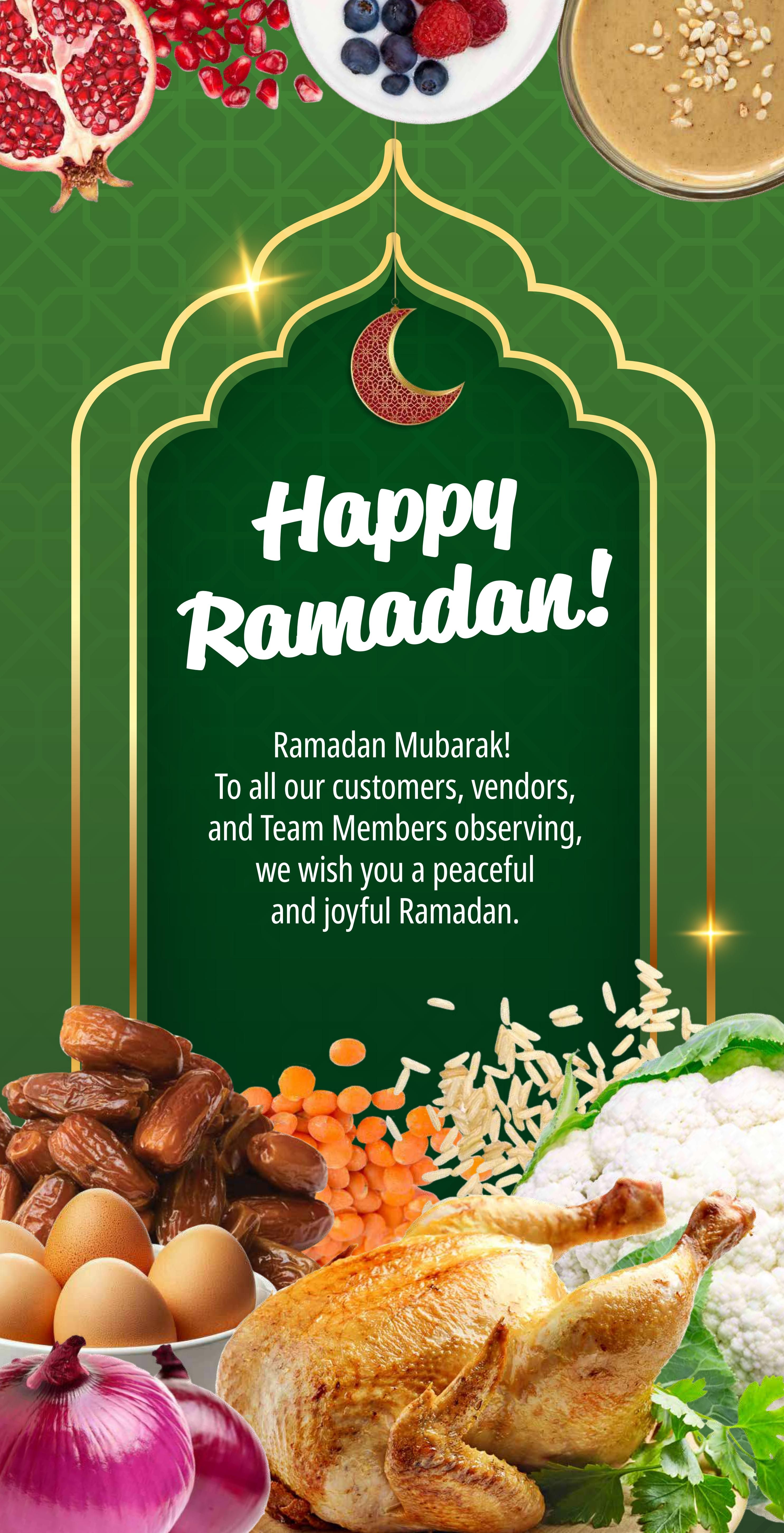 Farm Boy weekly flyer specials, page 6. A festive greeting wishing customers, vendors, and team members a peaceful and joyful Ramadan. The page features a collage of food items including a whole roasted chicken, dates, red lentils, rice, cauliflower, red onions, eggs, pomegranates, blueberries, raspberries, and a bowl of tahini or nut butter. This page is dedicated to a Ramadan Mubarak message.