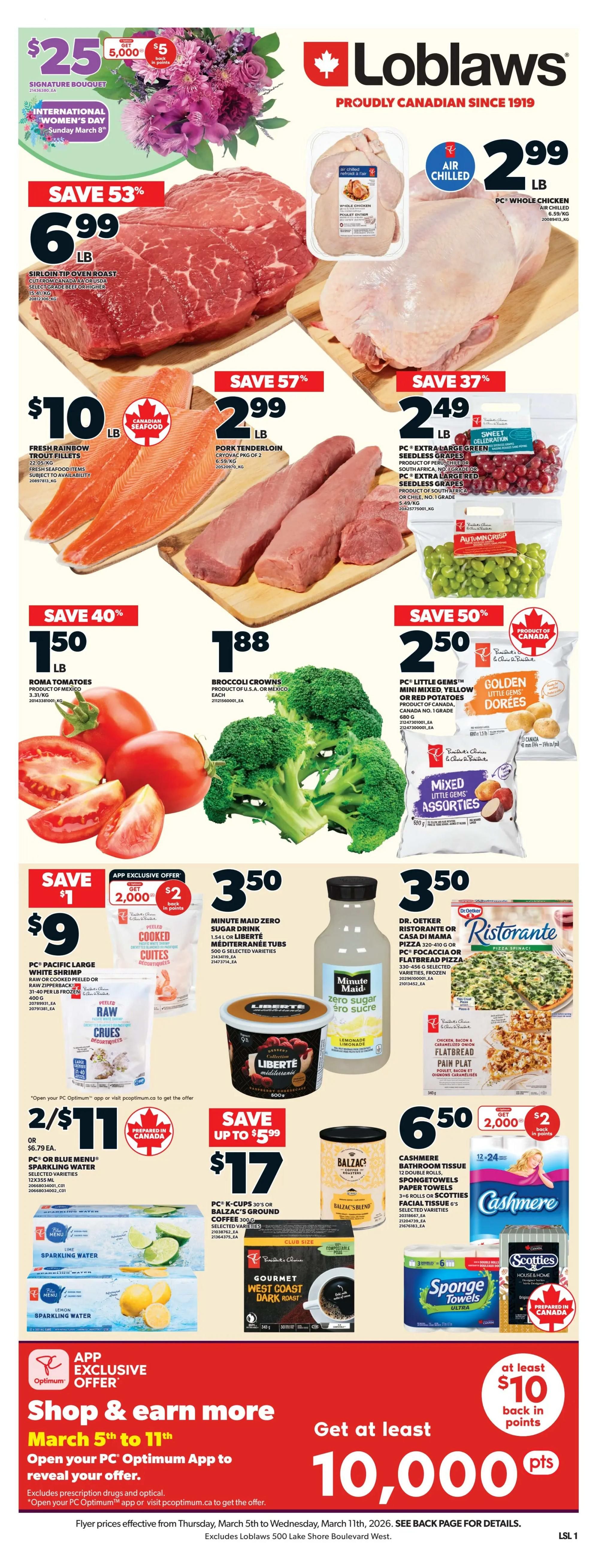 Loblaws weekly deals flyer page 1. Save up to 99 cents per 100g on Mastro Deli Genoa, Mild or Hot Salami, priced at $3 per 100g. Barilla Pasta, selected varieties, is 3 for $4.98 or $2 each. App exclusive offer: Get 4,000 PC Optimum points (worth $4 back in points) when you buy 2 PC or Blue Menu Club Size frozen entrees, 2/2.27 kg, for $14. PC Kettle Cooked, Loads of Flavour or World of Flavour Potato Chips, 200g, are $2. Premium Bagels, selected varieties, 6's, are $4 for members only (save $1) or $5 for non-members, baked in-store. Save 33% on PC Maple Syrup, Grade A Amber, 500 mL, for $10.