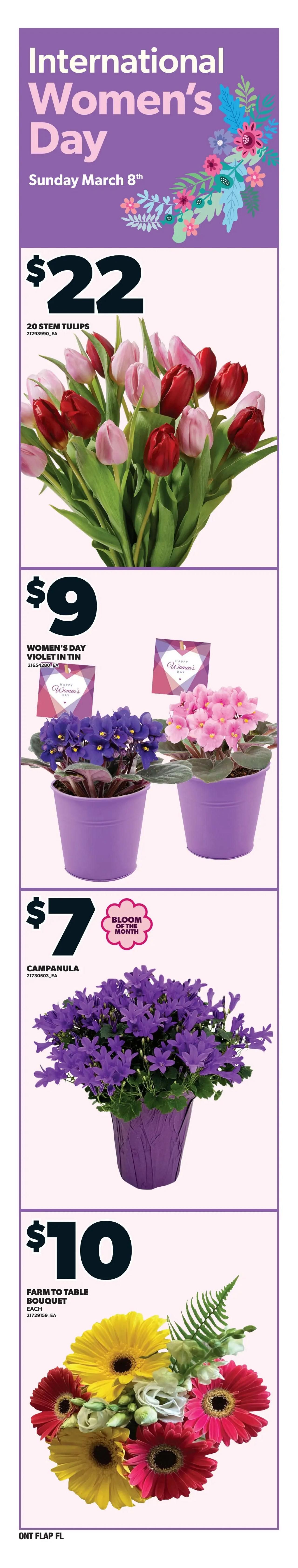 Loblaws flyer page 7 features floral arrangements for International Women's Day on Sunday, March 8th. Offers include a bouquet of 20 stem tulips for $22, Women's Day violets in a tin for $9, Campanula flowers, Bloom of the Month, for $7, and a Farm to Table Bouquet for $10.