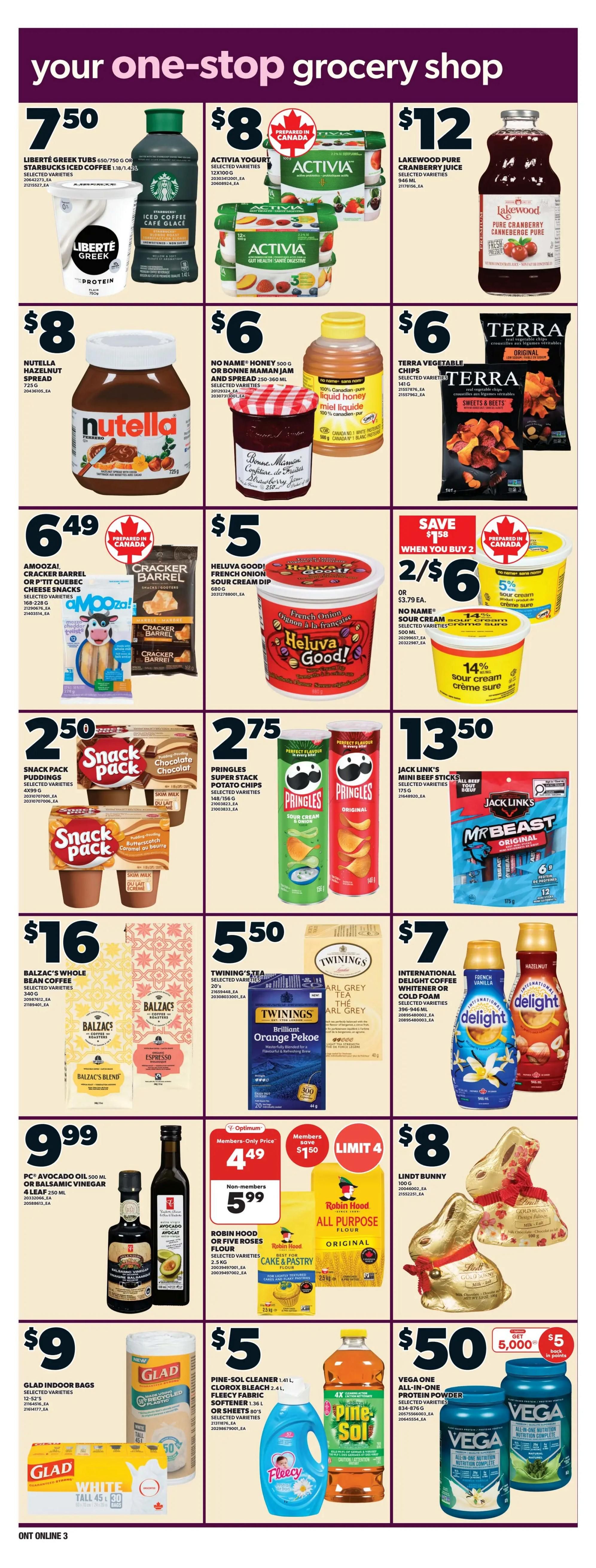 Loblaws weekly flyer specials page 11 features a variety of grocery items. Top row includes Liberté Greek Tubs for $7.50, Activia Yogurt selected varieties for $8, and Lakewood Pure Cranberry Juice for $12. The second row showcases Nutella Hazelnut Spread for $8, No Name Honey or Bonne Maman Jam for $6, and Terra Vegetable Chips for $6. The third row features Amooza! Cracker Barrel or P'tit Quebec Cheese Snacks for $6.49, Heluva Good! French Onion Sour Cream Dip for $5, and a buy 2 for $6 sale on No Name Sour Cream selected varieties, with a 5% discount on one and 14% on the other. The fourth row has Snack Pack Puddings for $2.50, Pringles Super Stack Potato Chips for $2.75, and Jack Link's Mini Beef Sticks for $13.50. The fifth row includes Balzac's Whole Bean Coffee for $16, Twining's Tea selected varieties for $5.50, and International Delight Coffee Whitener or Cold Foam for $7. The sixth row features PC Avocado Oil or Balsamic Vinegar for $9.99, Robin Hood Flour selected varieties for $5.99, and Lindt Bunny chocolate for $8. The bottom row shows Glad Indoor Bags for $9, Pine-Sol Cleaner, Clorox Bleach, or Fleecy Fabric Softener for $5, and Vega One All-In-One Protein Powder for $50, with a $5 in-store credit offer for buying 5,000 points back points.