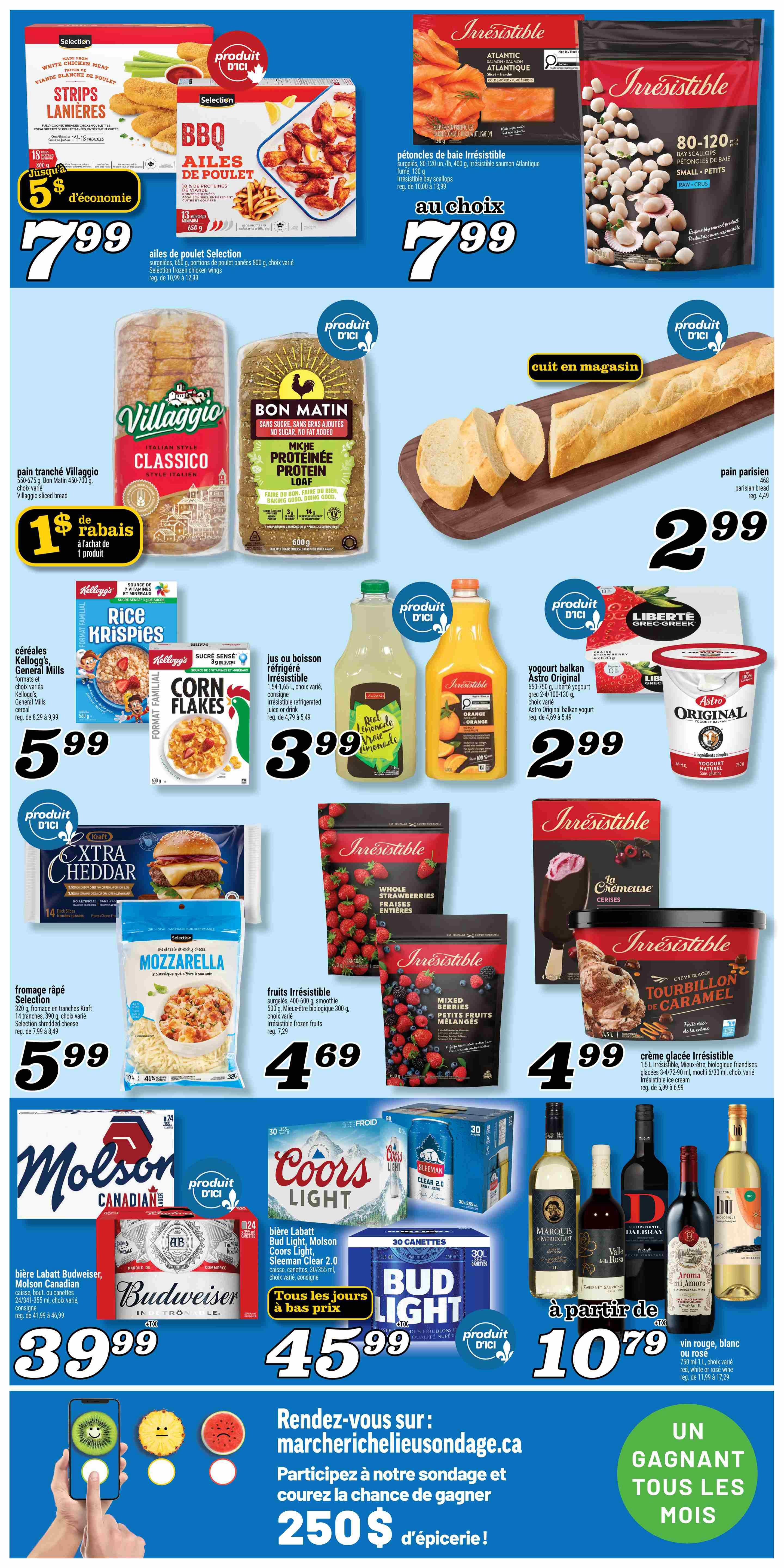 Marché Richelieu weekly flyer specials page 2. Featured products include Selection chicken strips for $7.99, BBQ chicken wings for $7.99, Irresistible Atlantic salmon portions or bay scallops for $7.99. Also available are Villaggio Classico sliced bread for $3.99 with $1 off, Bon Matin Miche Protein Loaf for $3.99, and Parisian bread for $2.99. Cereal options include Kellogg's Rice Krispies and General Mills Corn Flakes for $5.99. Irresistible refrigerated juice or drink (lemonade or orange) is $3.99. Astro Original Balkan yogurt is $2.99. Kraft shredded mozzarella cheese is $5.99. Irresistible whole strawberries and mixed berries are $4.69. Irresistible caramel swirl ice cream is $4.99. Beer specials include Molson Canadian 24-pack for $39.99, and Labatt Bud Light, Molson Coors Light, or Sleeman Clear 2.0 30-can pack for $45.99. Wine is available starting at $10.79 for 1.5L bottles of Marquis de Mericourt, Val de la Rose, Dalbray, Aroma del Sud, or Hu wines. The bottom of the page features a promotion to visit marchericheliensondage.ca for a chance to win $250 in groceries, with one winner every month.