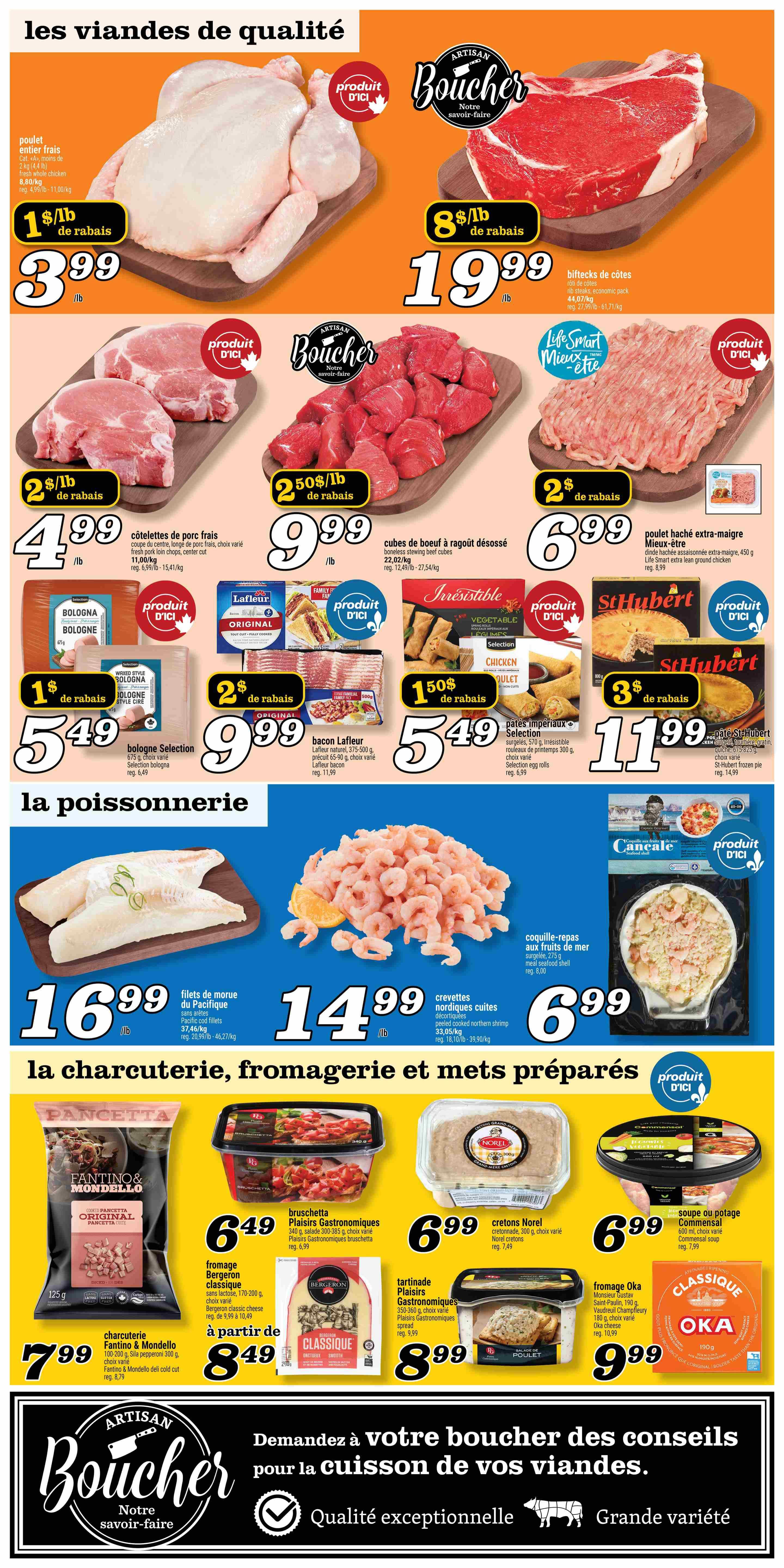 Marché Richelieu weekly flyer specials page 3 features quality meats and seafood. Top section showcases 'les viandes de qualité' (quality meats) with whole fresh chicken on sale for $3.99/lb, rib steaks for $19.99/lb, pork chops for $4.99/lb, boneless stewing beef cubes for $9.99/lb, and extra-lean ground chicken for $6.99/lb. Also featured are Selection bologna for $5.49, Lafleur bacon for $9.99, and Irresistible chicken or vegetable egg rolls for $5.49. The seafood section 'la poissonnerie' includes Pacific cod fillets for $16.99/lb and cooked northern shrimp for $14.99/lb. The 'charcuterie, fromagerie et mets préparés' (deli, cheese, and prepared meals) section offers Fantino & Mondello pancetta for $7.99, Plaisirs Gastronomiques bruschetta for $6.49, Norel cretons for $6.99, Plaisirs Gastronomiques chicken pâté for $8.99, Oka cheese for $9.99, and Commensal soup or potage for $6.99. The bottom section highlights 'Artisan Boucher' (Artisan Butcher) with advice for cooking meats, emphasizing exceptional quality and great variety.