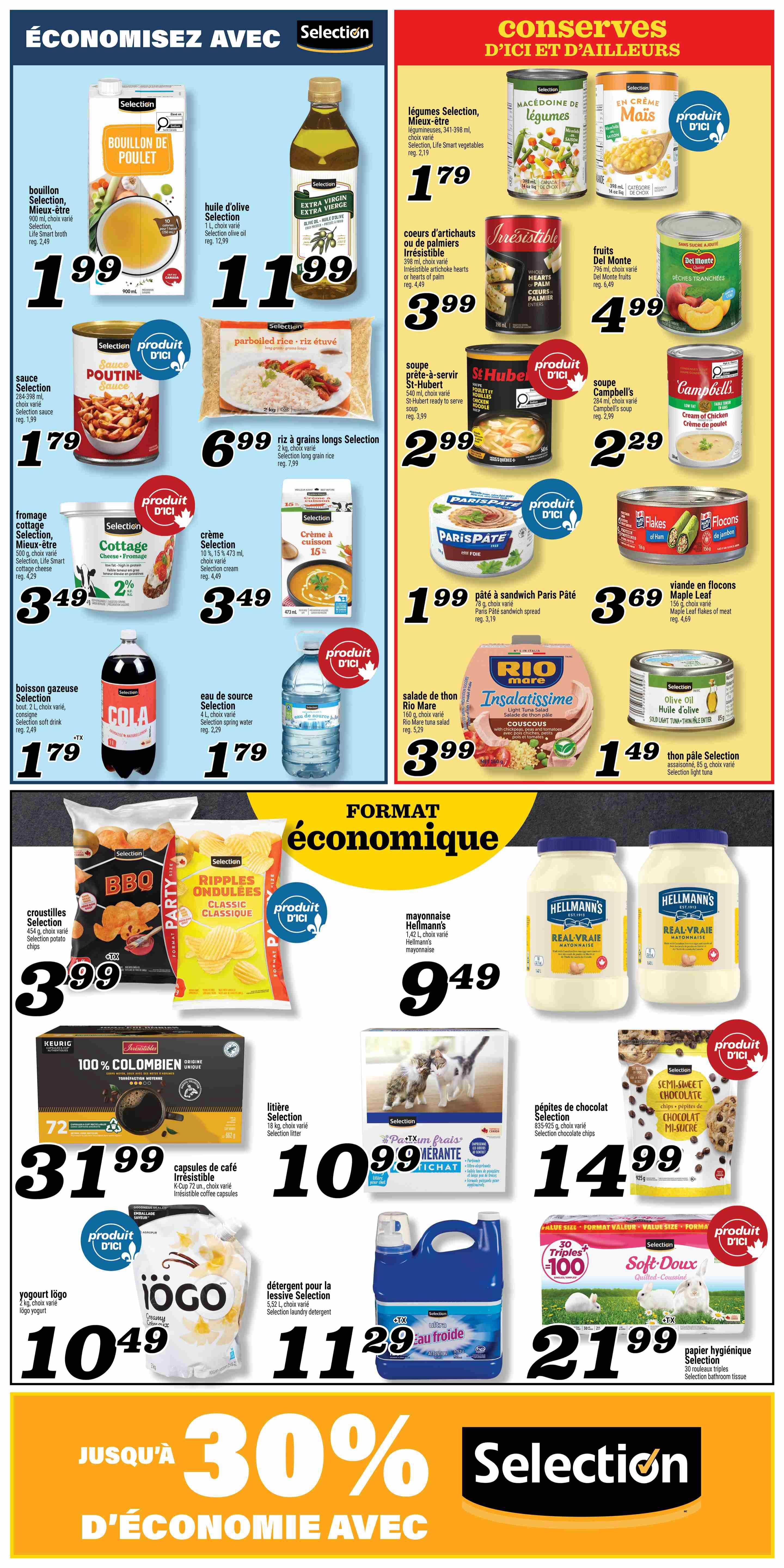 Marché Richelieu flyer page 4 features 'Save with Selection' and 'Canned Goods & More'. Top section includes Selection chicken broth for $1.99, Selection extra virgin olive oil for $11.99, Selection Poutine sauce for $1.79, Selection parboiled rice for $6.99, Selection cottage cheese for $3.49, Selection cream for $3.49, Selection spring water for $1.79, and Selection Cola soft drink for $1.79. Canned goods include Selection mixed vegetables for $1.79, Irresistible hearts of palm for $3.99, Del Monte fruits for $4.99, St-Hubert ready-to-serve soup for $2.99, Campbell's soup for $2.29, and Paris Pâté sandwich spread for $1.99. Also featured are Maple Leaf flaked meat for $3.69, Rio Mare tuna salad for $3.99, and Selection olive oil for $1.49. The 'Economical Format' section showcases Selection BBQ potato chips for $3.99, Selection classic ripple chips for $3.99, Hellmann's mayonnaise for $9.49, Keurig Irresistible coffee capsules for $31.99 (72 count), Selection litter for $10.99, Selection 'Pâté frais' cat food for $10.99, Selection semi-sweet chocolate chips for $14.99, Iögo yogurt for $10.49, Selection laundry detergent for $11.29, and Selection bathroom tissue for $21.99. The bottom of the page highlights 'Up to 30% off with Selection' savings.
