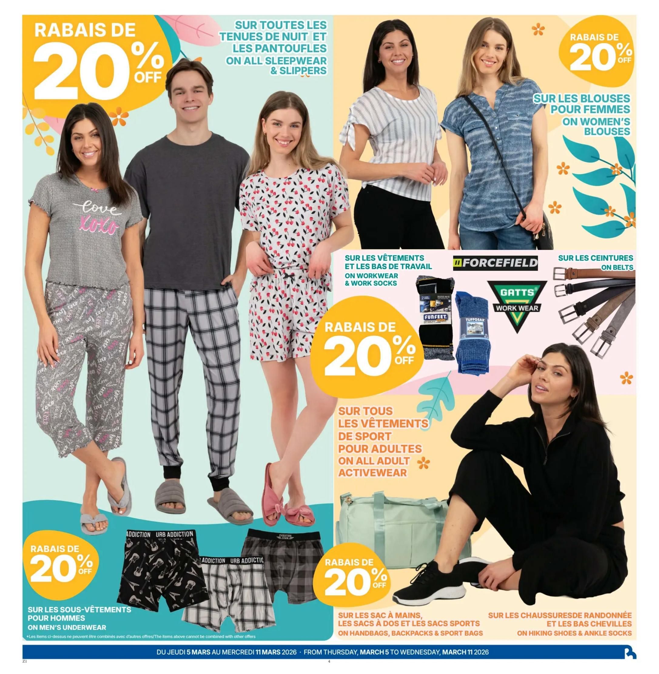 Rossy Weekly Flyer Specials Page 4: Enjoy 20% off on all sleepwear & slippers, including pyjama sets and slippers. Also, get 20% off on women's blouses. Featured are men's workwear & work socks, with brands like Forcefield and Gatts Workwear. Additionally, save 20% on men's underwear from Addiction Urb Addiction. Explore 20% off on all adult activewear, handbags, backpacks & sport bags, and hiking shoes & ankle socks. The flyer is valid from Thursday, March 5 to Wednesday, March 11, 2026.