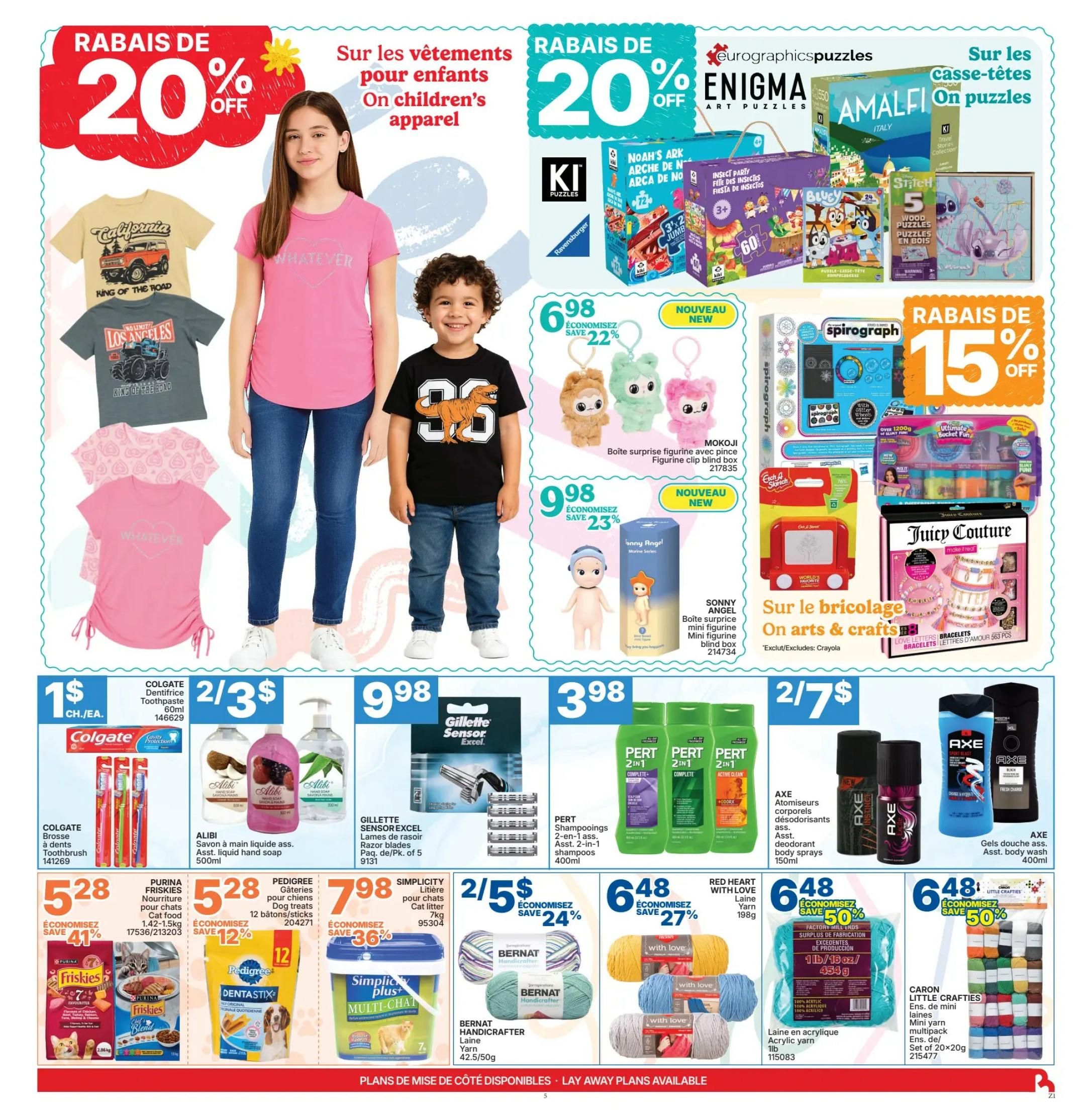 Rossy Weekly Flyer Specials Page 5: Features 20% off on children's apparel, including graphic t-shirts with designs like 'California King of the Road' and 'Los Angeles'. Also on sale are Enigma and Amalfi jigsaw puzzles, with savings of 20% off. Discover MOKOJI surprise clip blind box figurines for $6.98 and Sonny Angel mini figurines for $9.98. Arts and crafts are highlighted with a 15% discount on Spirograph drawing sets and Juicy Couture bracelet making kits. Deals include Colgate toothbrushes for $1 each, Alibi liquid hand soap 2 for $3, and Gillette Sensor Excel razor blade packs for $9.98. Pet supplies on offer are Purina Friskies cat food for $5.28 with 41% savings, Pedigree dog treats for $5.28 with 12% savings, and Simplicity Plus multi-cat litter for $7.98 with 36% savings. Also available are Bernat Handcrafter yarn for $2.50/50g, Red Heart with Love yarn for $6.48, and Caron Little Crafties mini yarn multipacks for $6.48 with 50% savings. Pert 2-in-1 shampoos are 2 for $7, and Axe body sprays and body washes are also featured.
