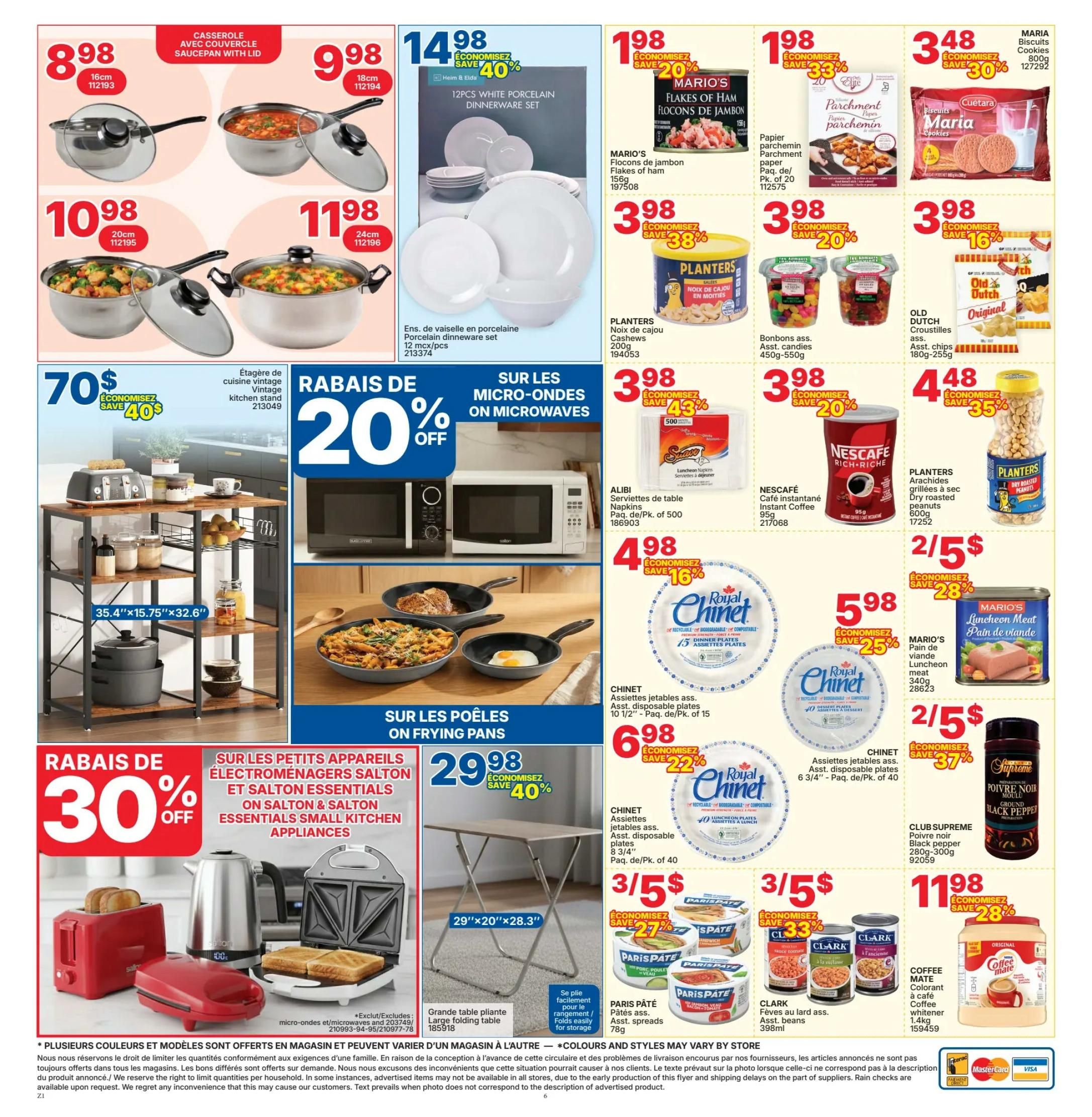 Rossy Weekly Flyer Specials Page 6 features a variety of kitchenware and food items. Top row includes a 16cm casserole saucepan with lid for $8.98, an 18cm casserole saucepan with lid for $9.98, and a 12-piece white porcelain dinnerware set for $14.98 with a 40% saving. Also featured are Mario's Flakes of Ham for $1.98 (save 20%), Planters Cashews for $3.98 (save 38%), Maria Biscuits Cookies for $3.48 (save 30%), and Parchment Paper for $1.98 (save 33%). Second row showcases a 20cm casserole saucepan with lid for $10.98 and a 24cm casserole saucepan with lid for $11.98. Additional food items include assorted candies for $3.98 (save 20%), assorted chips for $3.98 (save 16%), and dry roasted peanuts for $4.48 (save 35%). On the left, a vintage kitchen stand is on sale for $70, saving $40. Below this, there is a 30% off sale on Salton and Salton Essentials small kitchen appliances, featuring a toaster, electric kettle, and sandwich maker. The middle section highlights microwaves with a 20% discount. Below the microwaves, there are frying pans on sale. A large folding table (29'x20'x28.3') is available for $29.98, saving 40%. Other items include Royal Chinet disposable plates (40 count) for $5.98 (save 25%), Royal Chinet luncheon plates (40 count) for $2.98 (save 37%), Paris Pâté spreads for 3/$5 (save 33%), Clark beans for 3/$5 (save 27%), and Club Supreme black pepper for $1.98. Coffee Mate liquid creamer is $1.98 (save 28%).