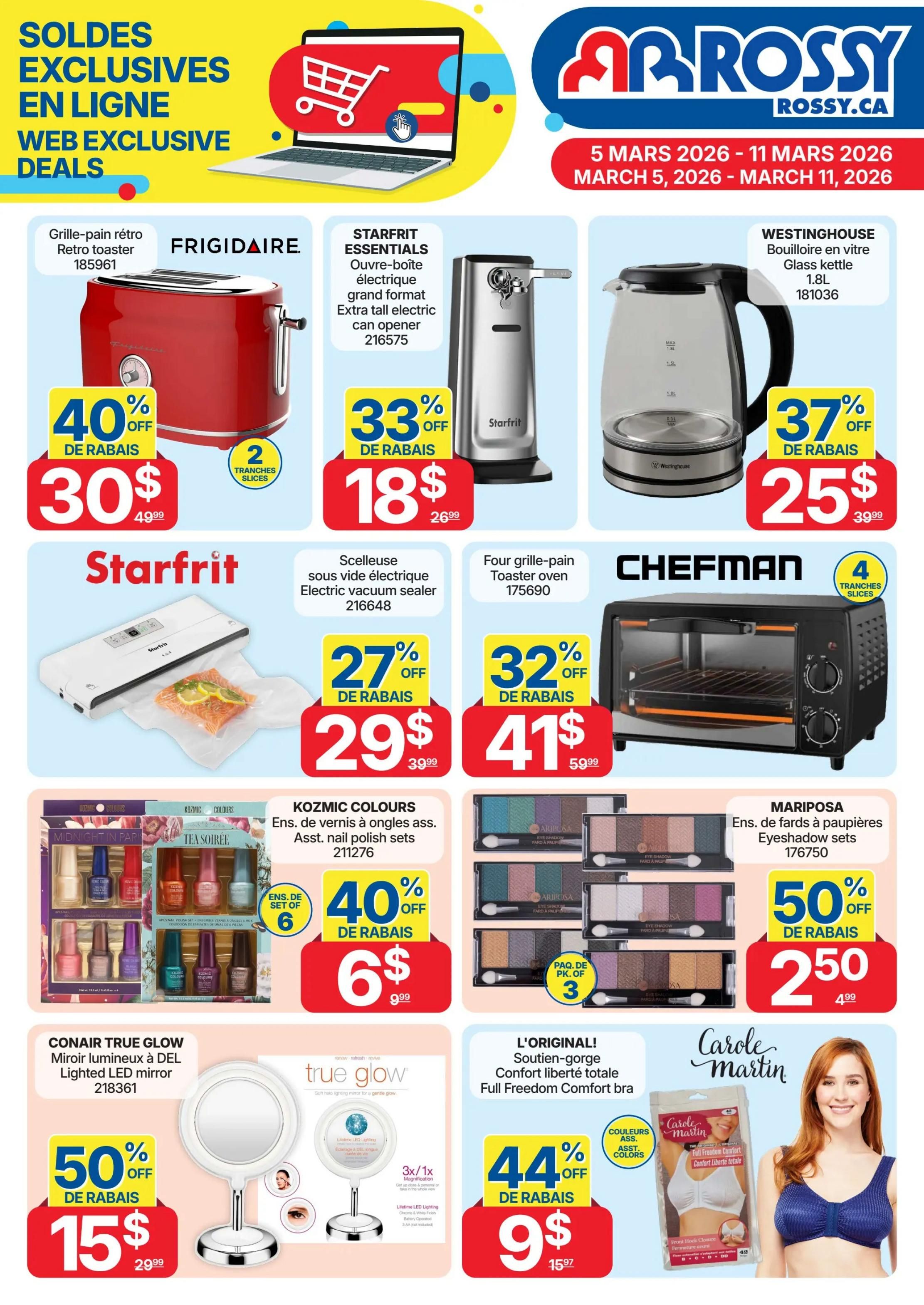 Rossy Weekly Flyer Specials page 9, featuring online exclusive web deals. Top row includes a Frigidaire retro toaster on sale for $30 (40% off), a Starfrit Essentials electric can opener for $18 (33% off), and a Westinghouse glass kettle for $25 (37% off). Middle row showcases a Starfrit electric vacuum sealer for $29 (27% off), a Chefman 4-slice toaster oven for $41 (32% off), Kozmic Colours assorted nail polish sets for $6.99 (40% off), and Mariposa eyeshadow sets for $2.50 (50% off). Bottom row features a Conair True Glow lighted LED mirror for $15 (50% off) and L'Original! Full Freedom Comfort bras for $9 (44% off).